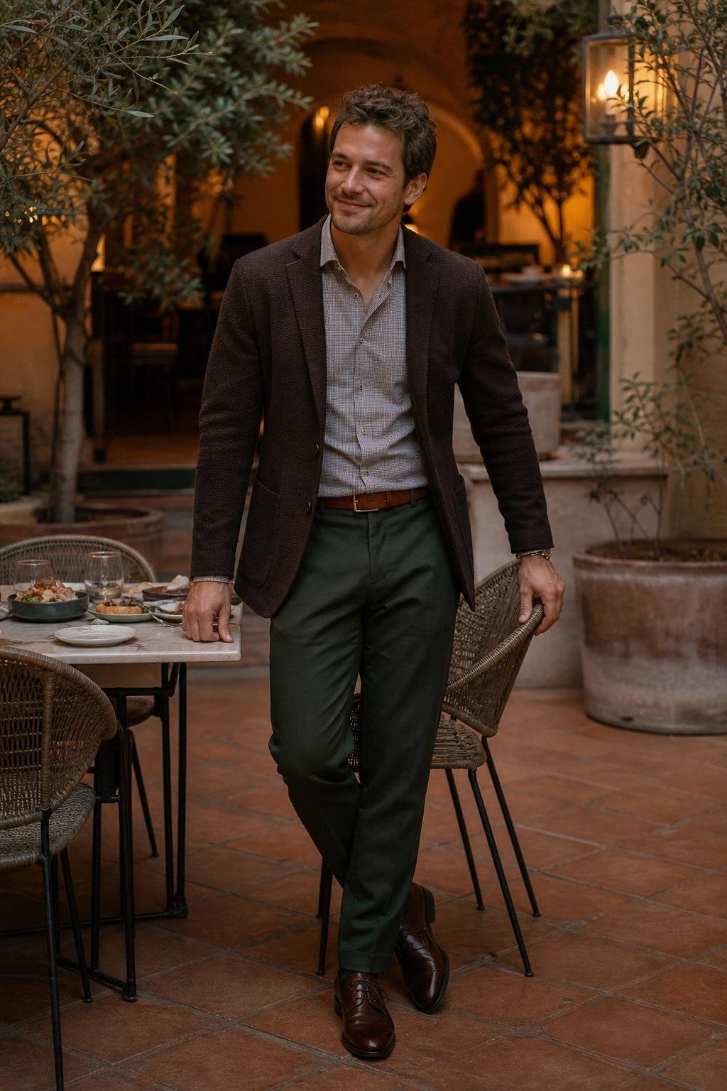 Espresso knit blazer, small-scale patterned shirt, dark green trousers, brown derby shoes, intimate tapas restaurant (option 1)