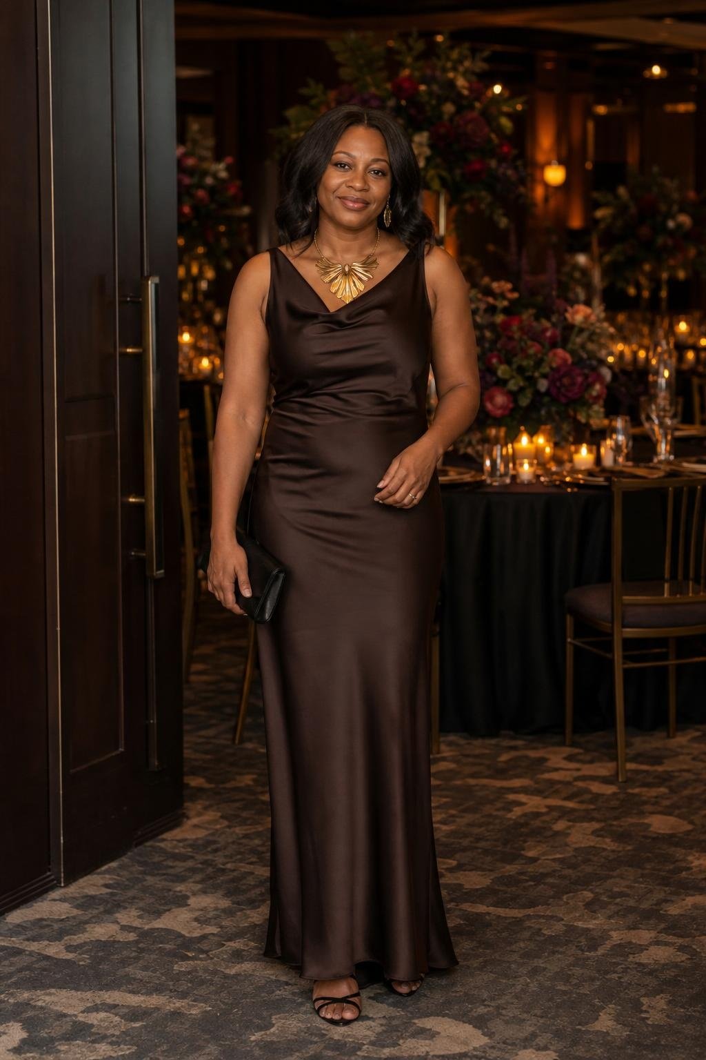 Espresso satin gown, bold gold necklace, black sandals, moody evening banquet hall (option 2)