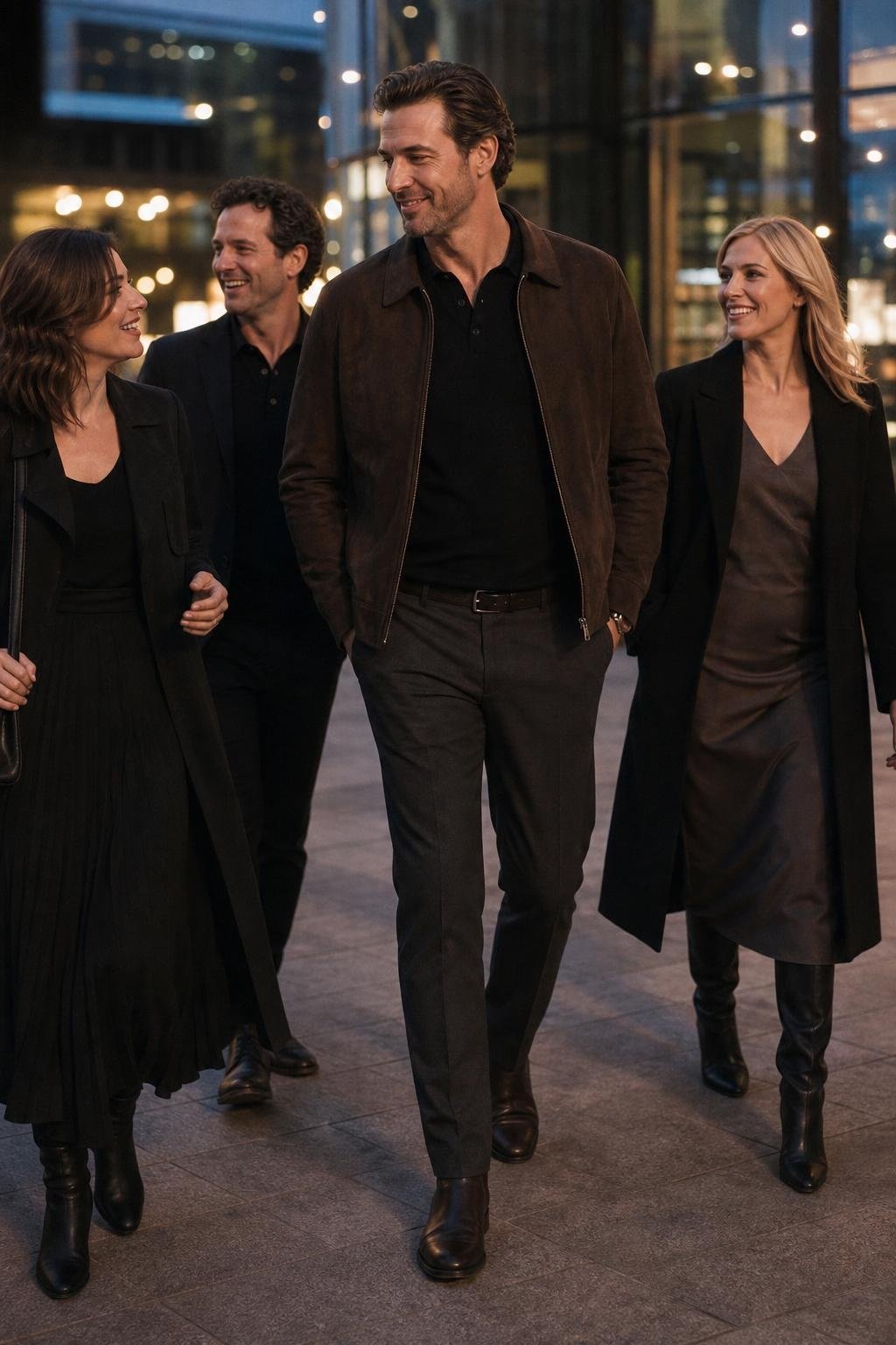 Espresso suede jacket, black knit polo, dark grey trousers, Chelsea boots, evening city family portrait (option 1)