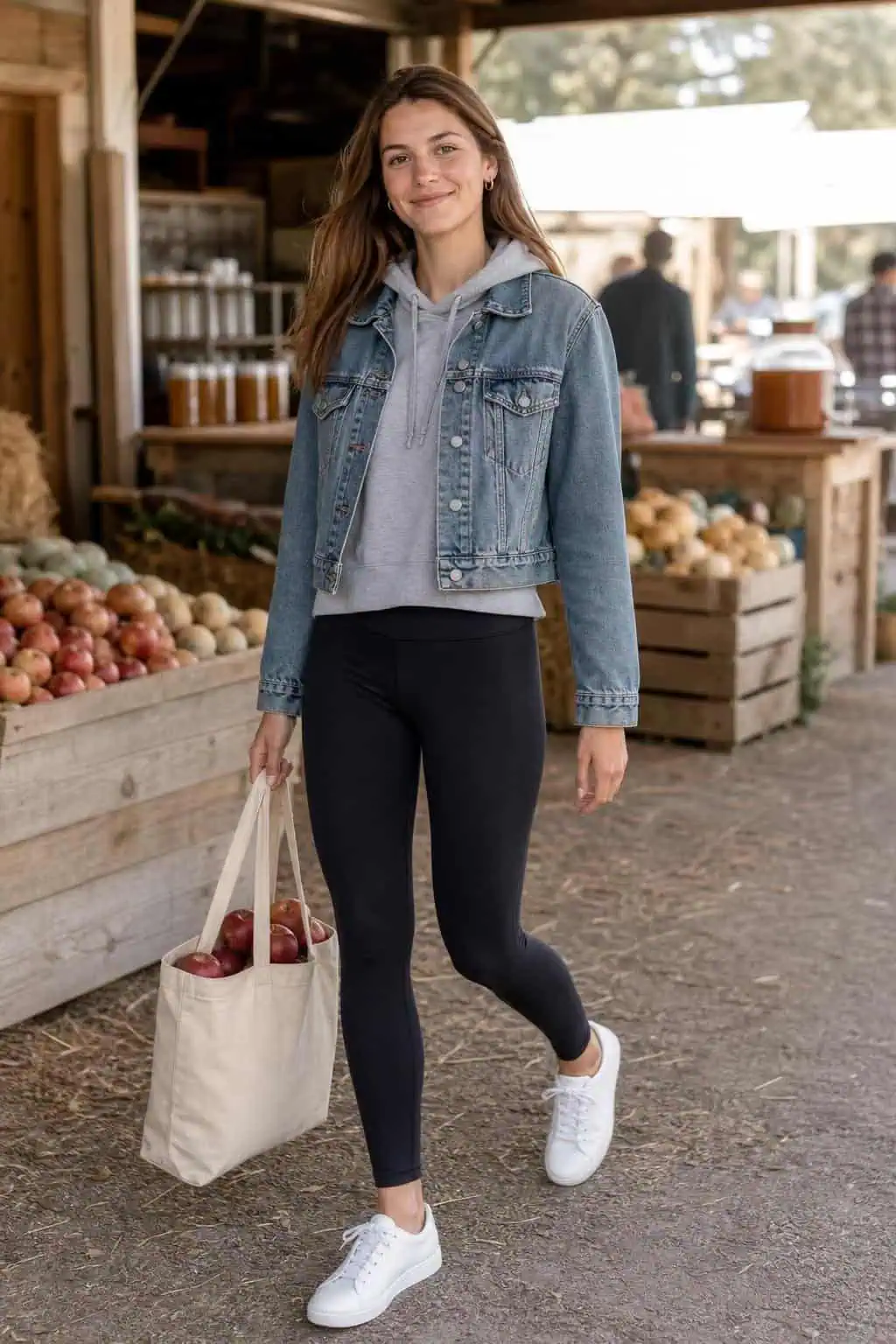 Faded denim jacket, gray hoodie, black leggings, white sneakers, Saturday farmers market (option 1)