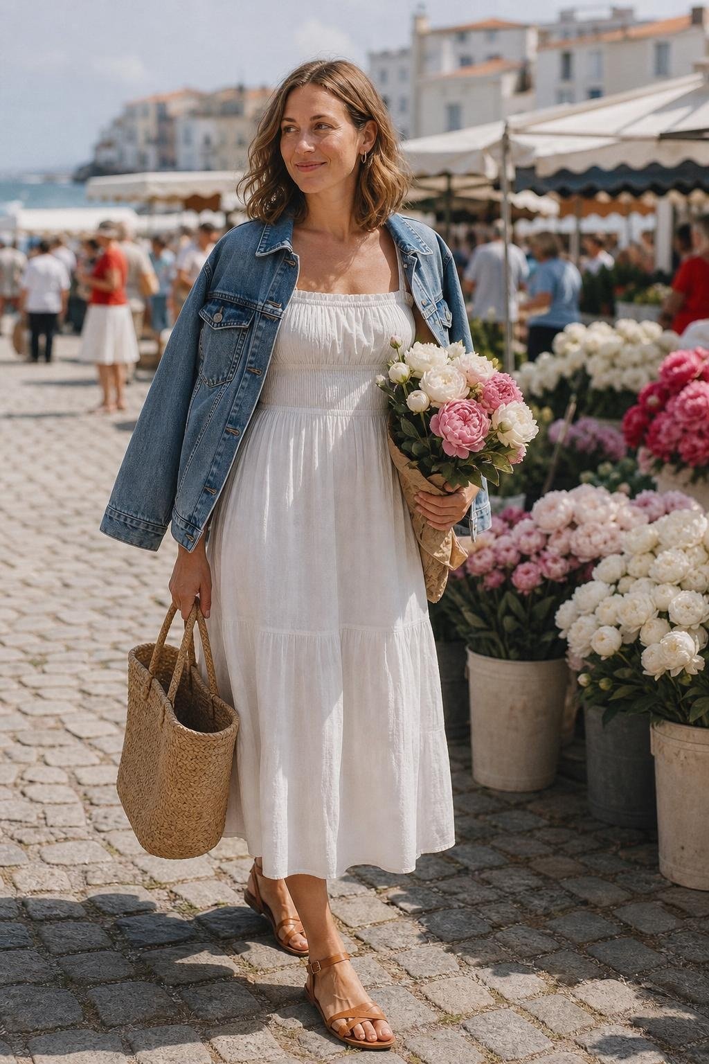 Faded denim jacket, white cotton midi dress, tan ankle-strap sandals in a flower market (option 1)