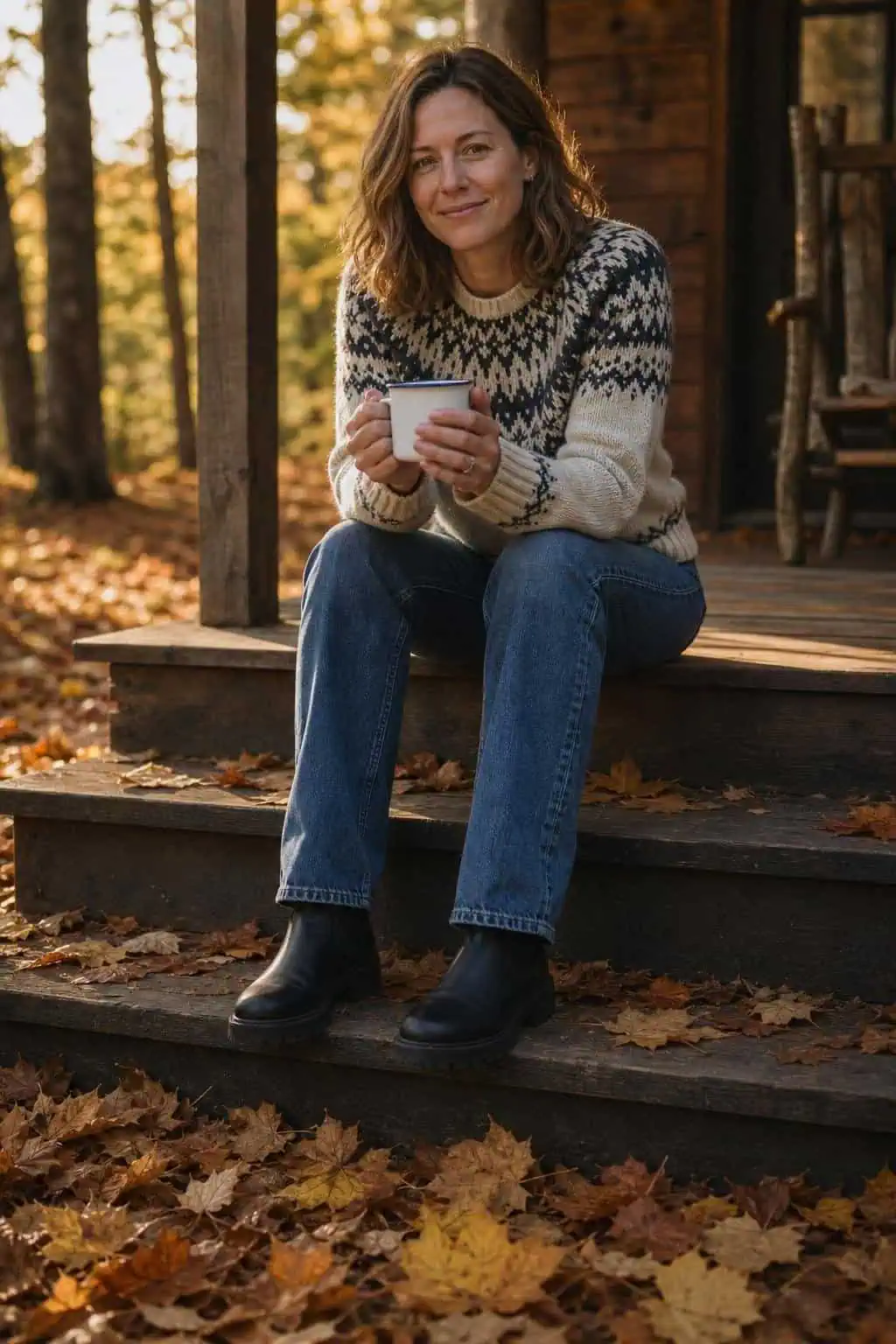 Fair Isle sweater in cream and navy, straight jeans, black lug boots, cabin porch with fallen leaves (option 2)