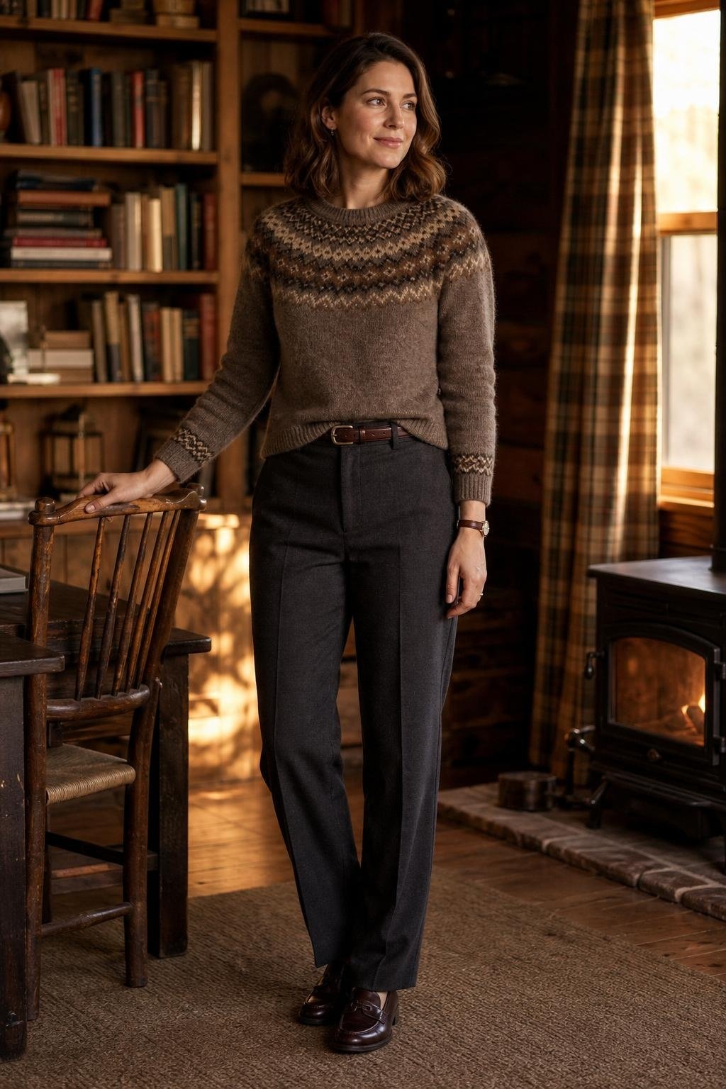 Fair Isle sweater in muted browns, dark tailored trousers, loafers, cozy cabin study with bookshelves (option 1)