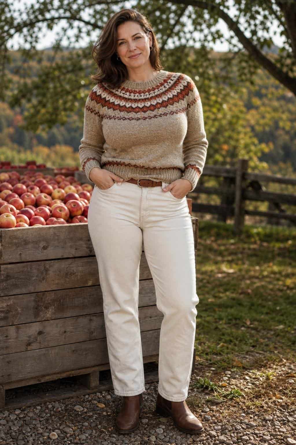Fair Isle wool sweater, ecru straight jeans, brown Chelsea boots, apple orchard afternoon (option 1)