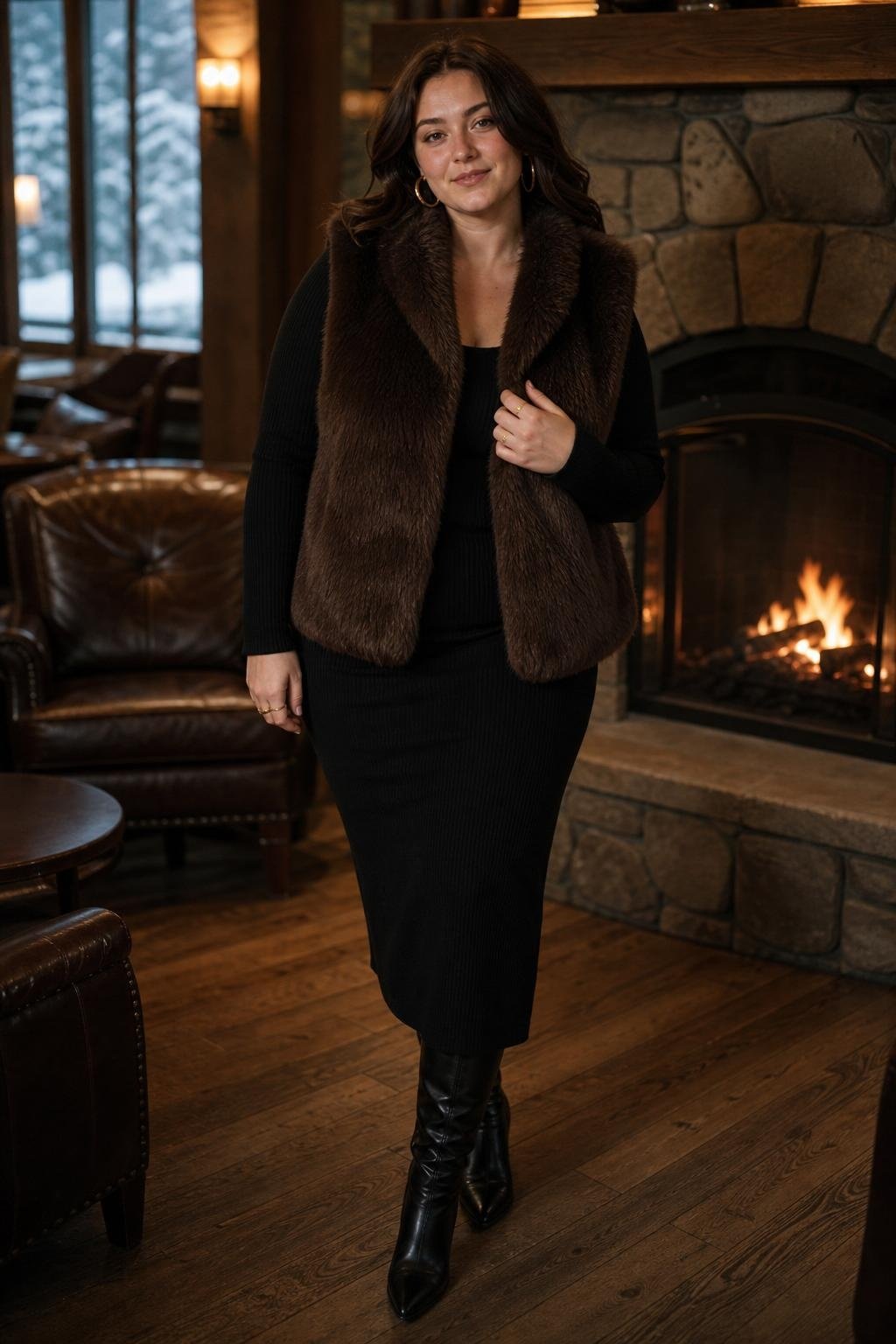Faux fur vest over black ribbed knit midi dress, knee boots, gold hoops, cozy wine lounge (option 2)
