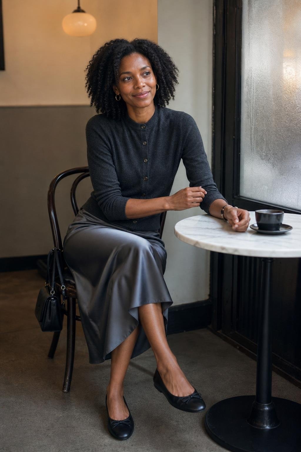 Fine-gauge charcoal cardigan buttoned with satin midi skirt, ballet flats, café table mood (option 2)