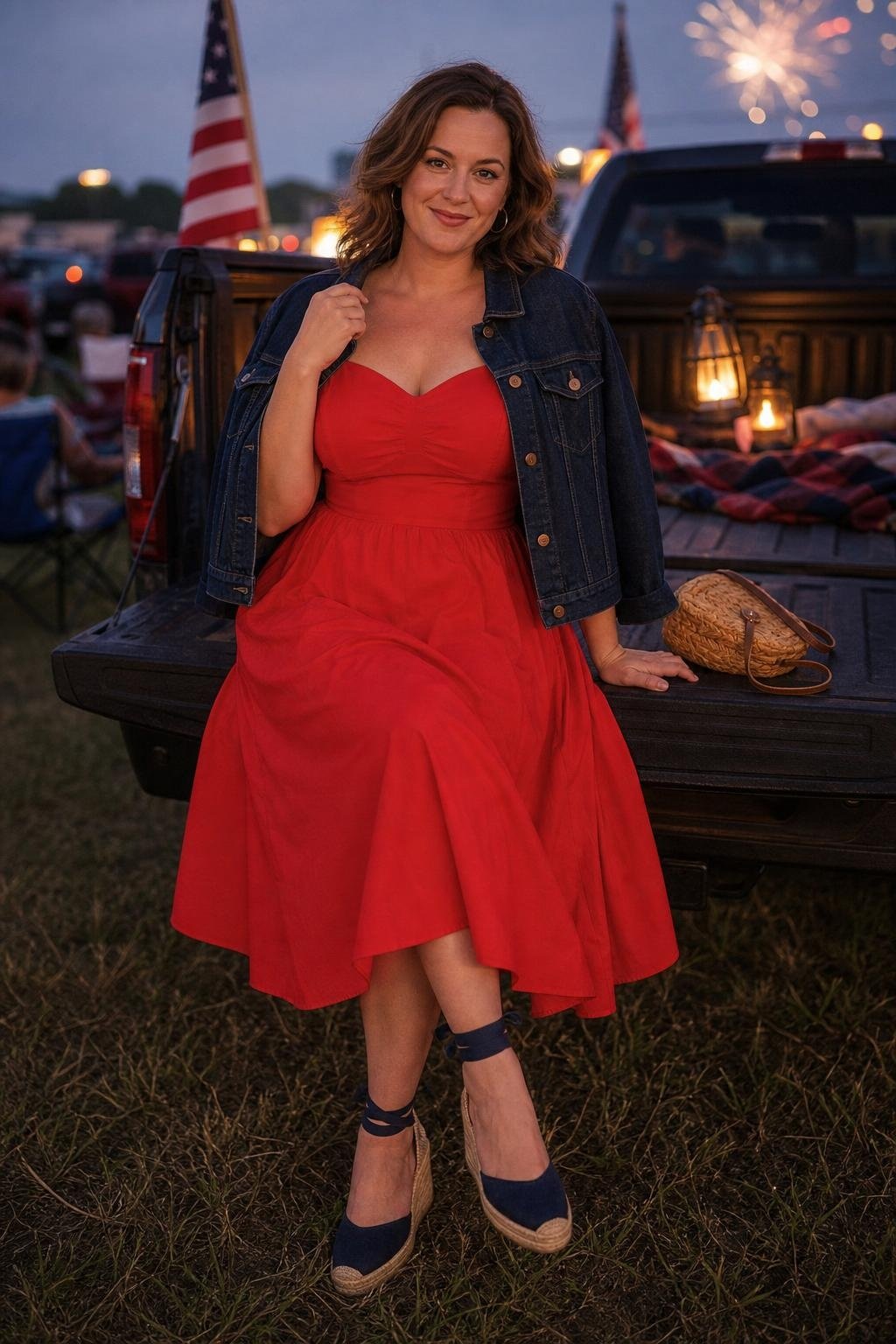 Firecracker red sundress, cropped dark denim jacket, navy espadrilles, small-town fireworks viewing from tailgate (option 2)