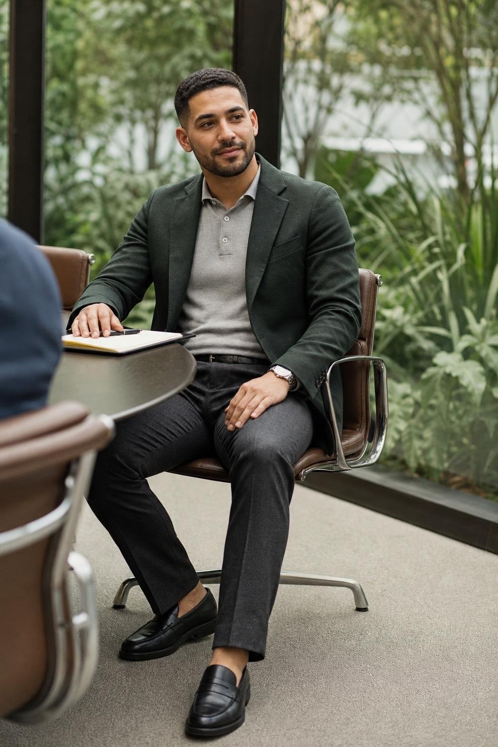 Forest green blazer, charcoal wool trousers, light gray knit polo, black loafers, modern conference room (option 2)