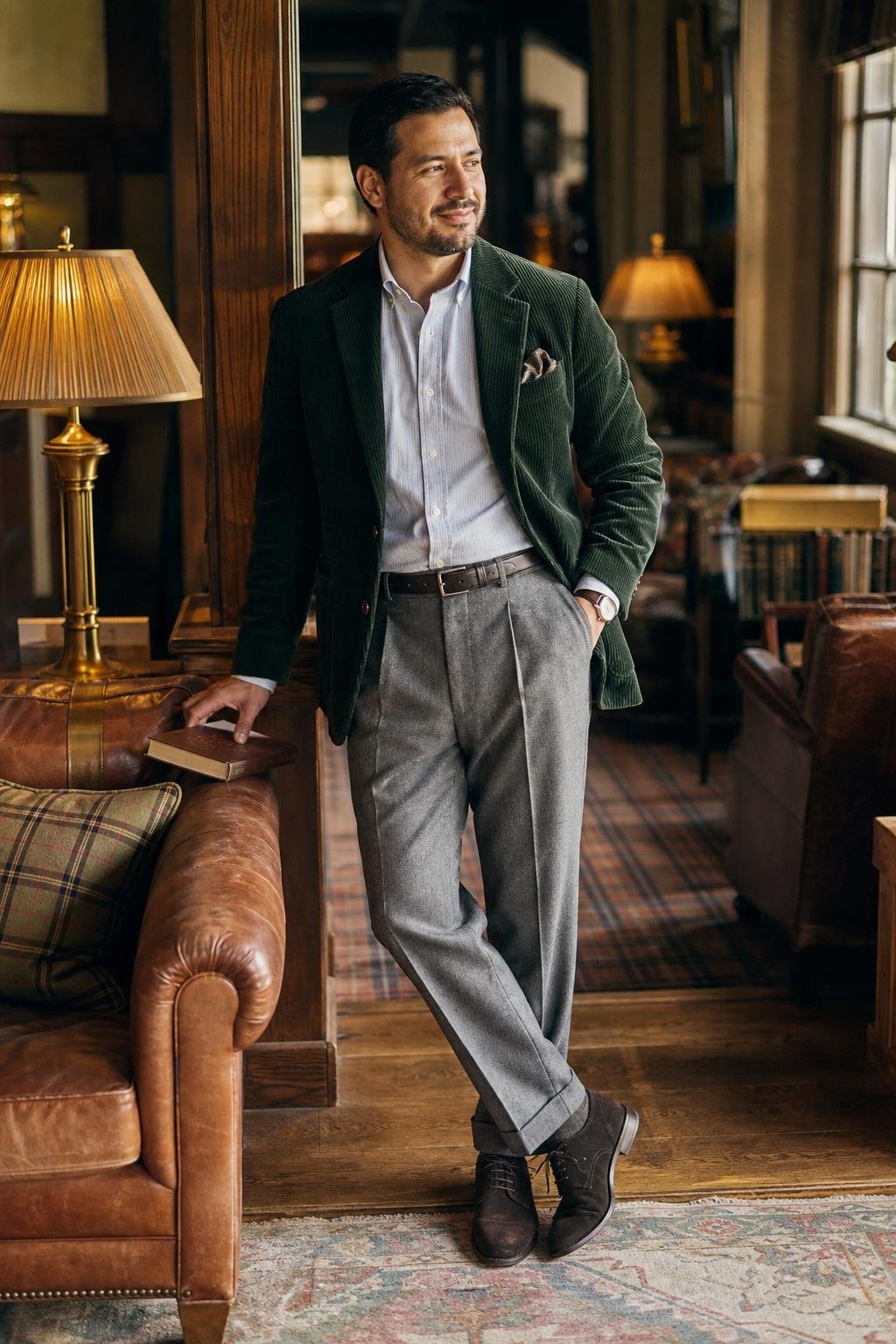 Forest green corduroy jacket, light grey flannel trousers, striped shirt, suede derby shoes, country hotel lounge (option 1)