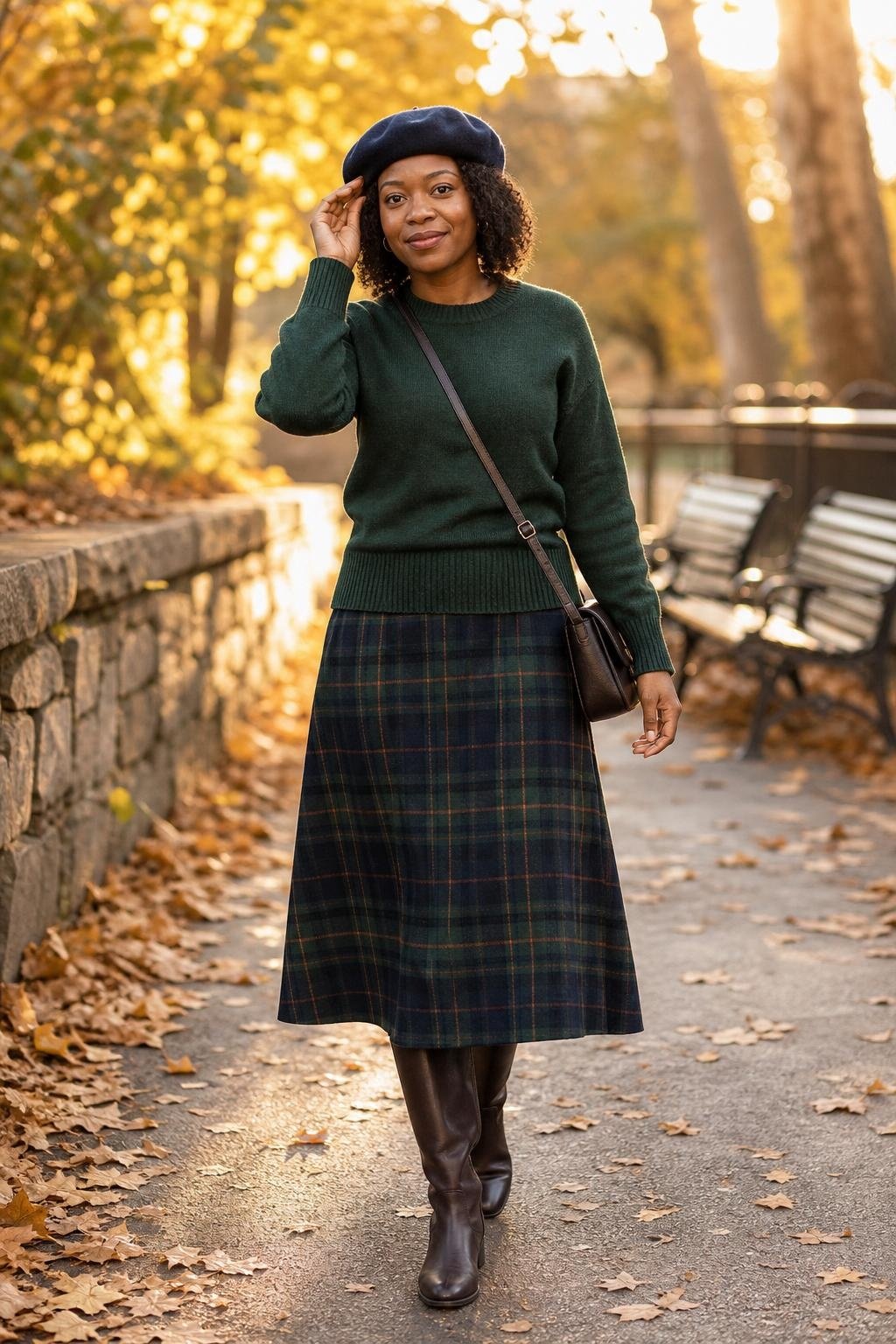 Forest green crewneck sweater, navy plaid midi skirt, riding boots, wool beret, autumn park path (option 1)