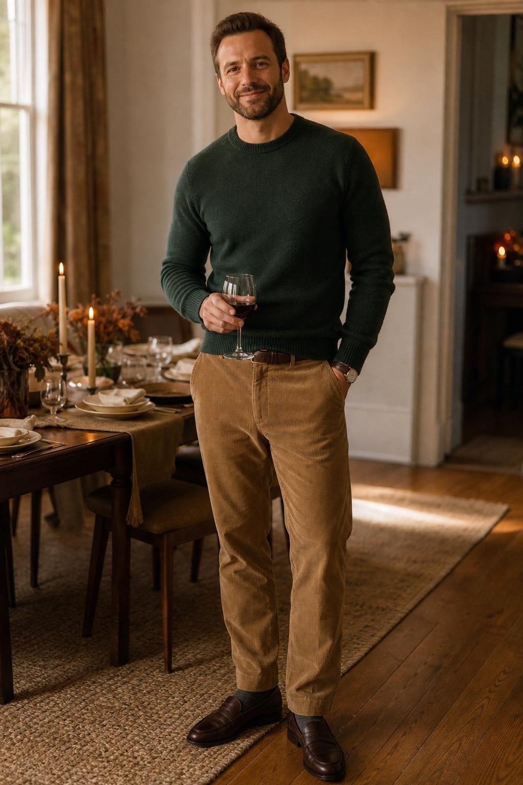 Forest green crewneck sweater, tan corduroy pants, dark brown loafers, autumn dinner at home mood (option 2)