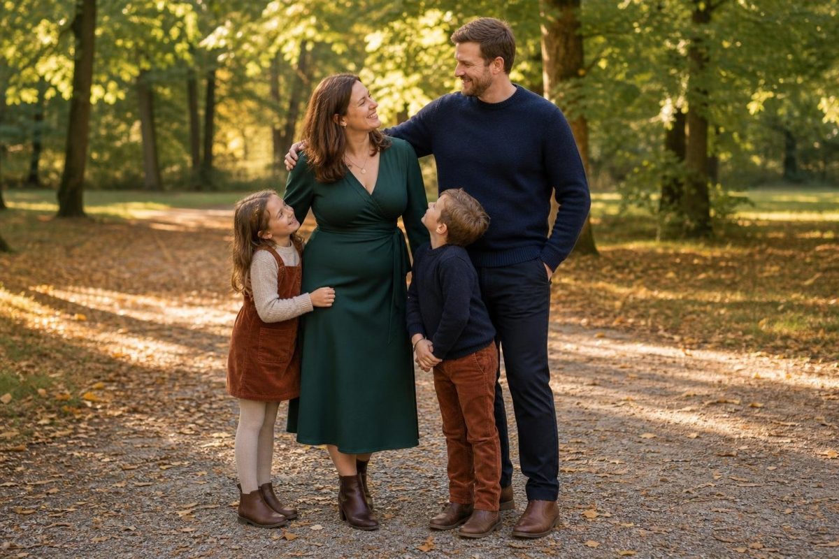 Forest green dress, navy knit, rust corduroy, brown boots, relaxed family portrait in a leafy park (option 1)