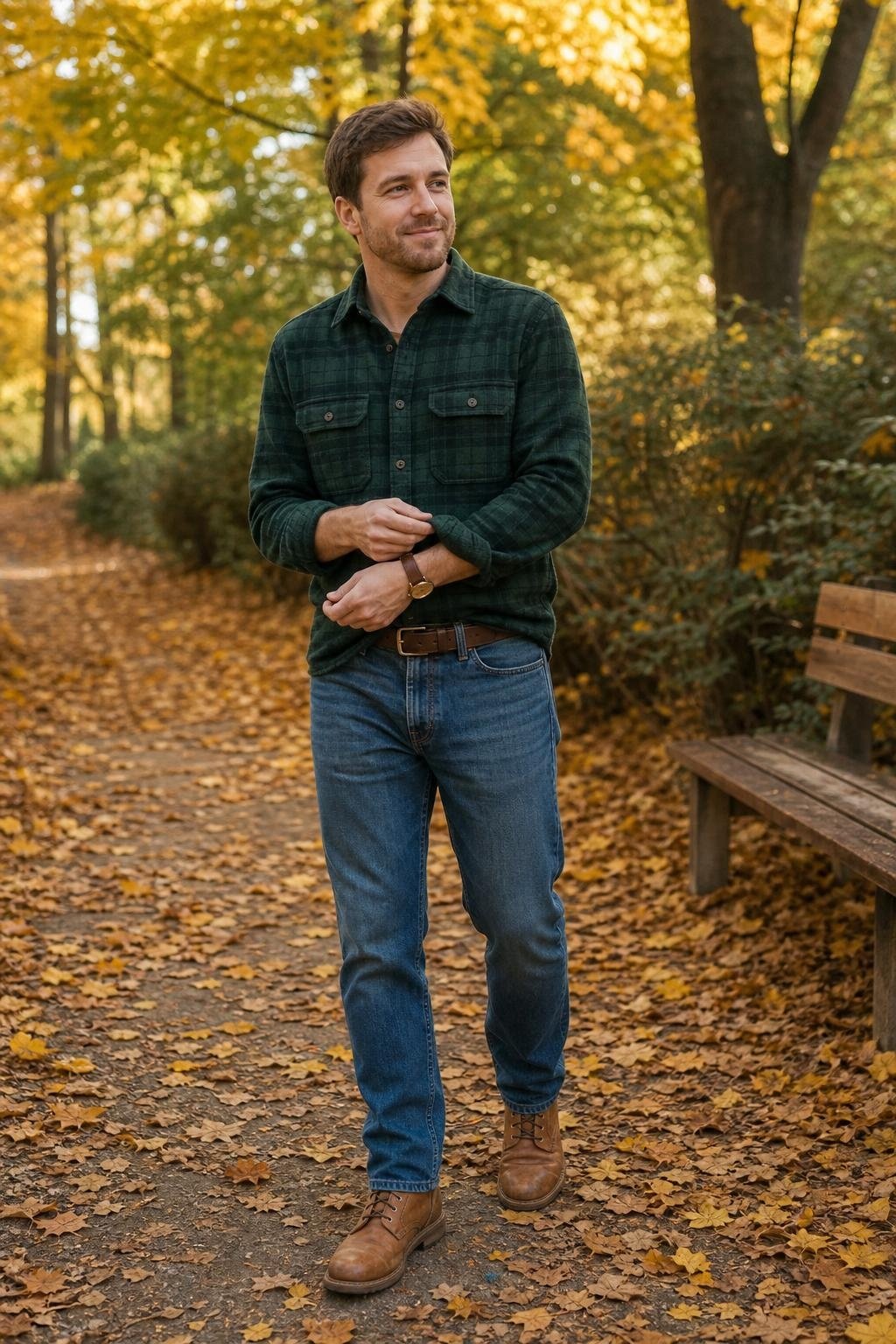 Forest green flannel shirt, medium-wash straight-leg denim, tan work boots, crisp autumn park walk (option 1)