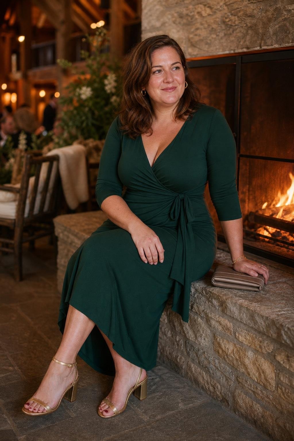 forest green jersey wrap dress with gold heels at a cozy lodge wedding (option 2)