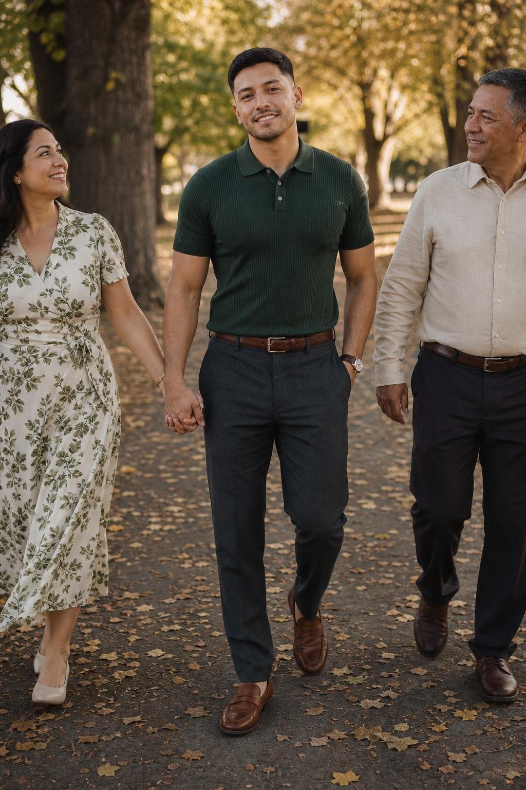 Forest green knit polo, charcoal tailored trousers, cognac loafers, leafy park setting with warm afternoon mood (option 2)