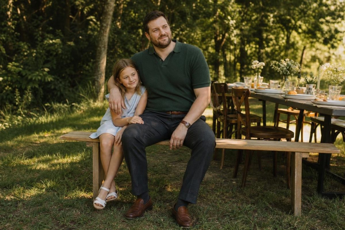 Forest green knit polo, charcoal trousers, brown leather loafers, relaxed outdoor family portrait in late afternoon light (option 1)