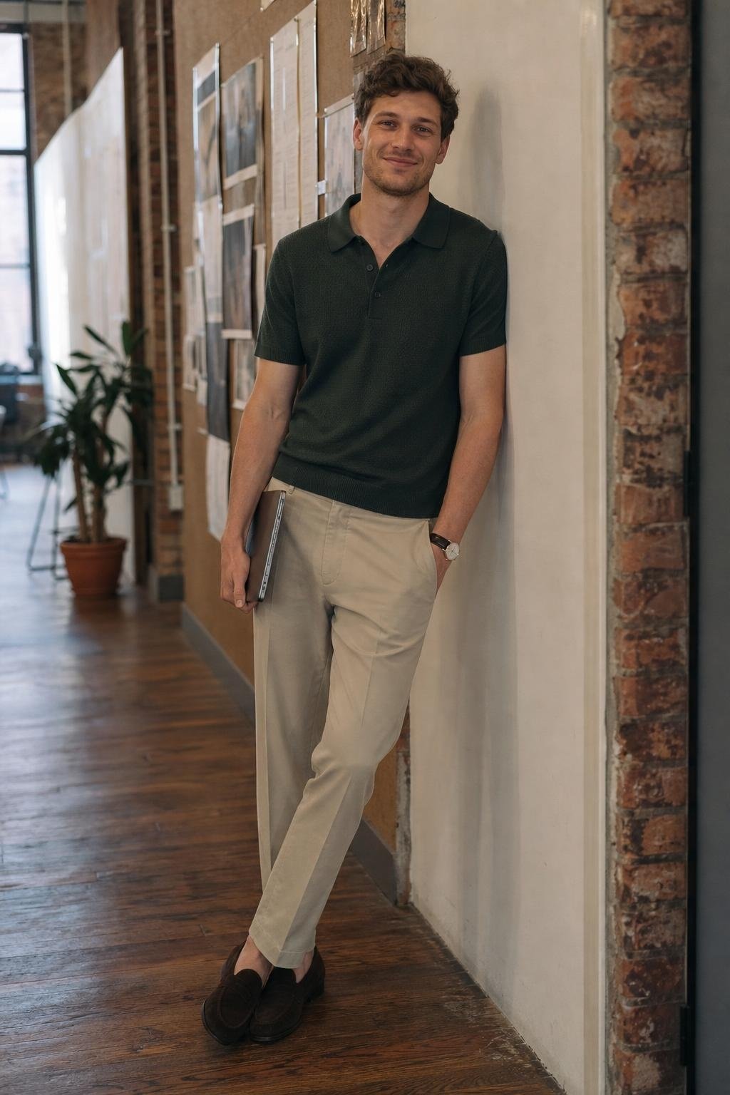 Forest green knit polo, stone cotton chinos, dark brown suede loafers, relaxed creative office hallway (option 2)