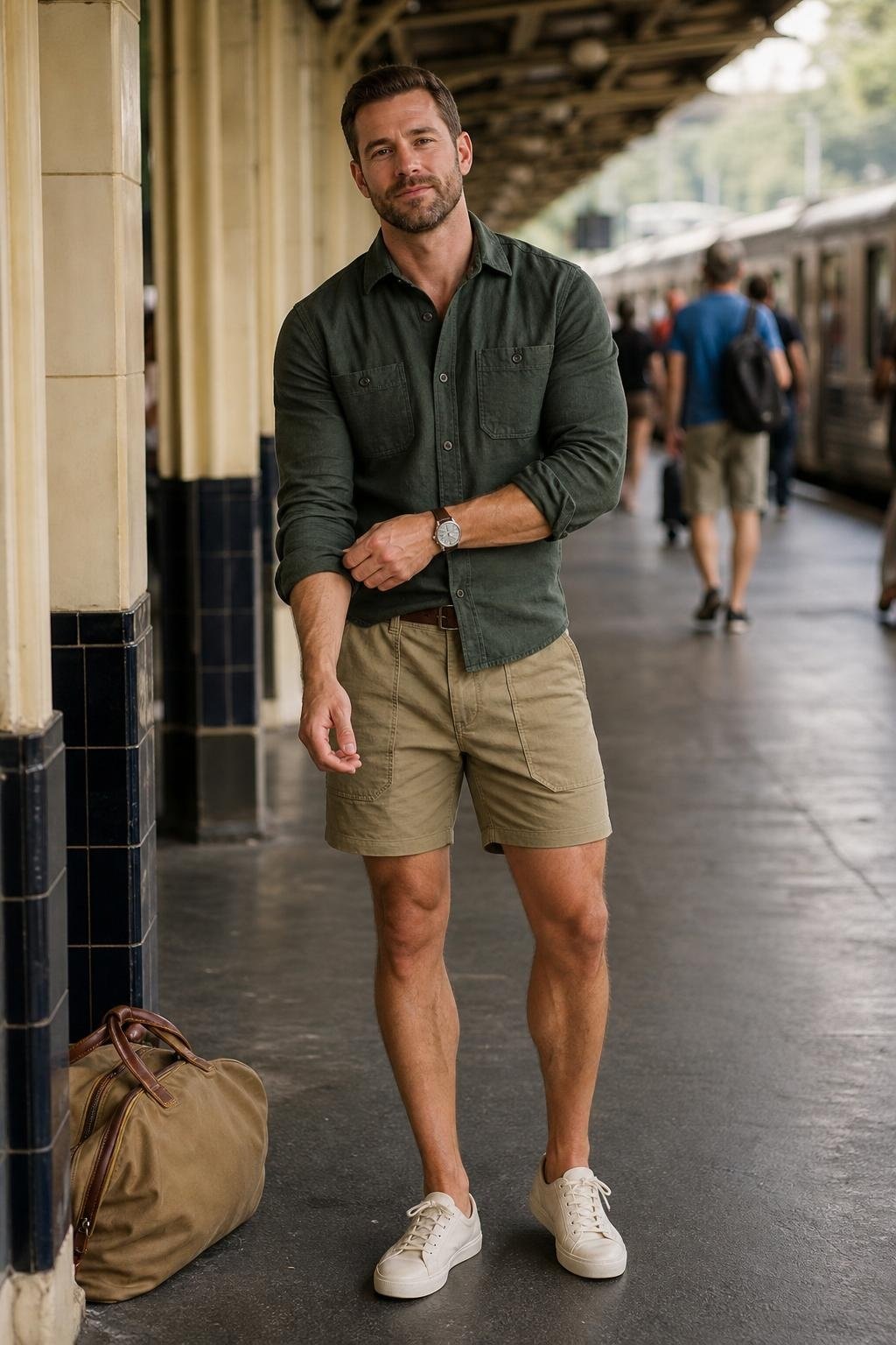 Forest green lightweight chore shirt, khaki utility shorts, cream canvas sneakers, train station travel day (option 1)