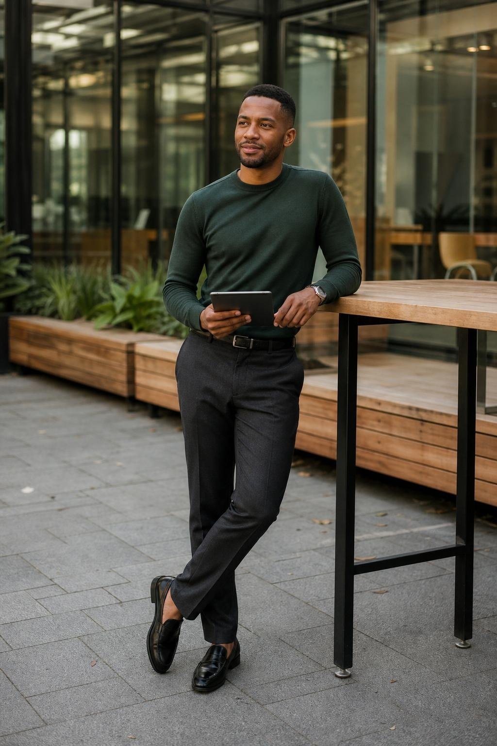 Forest green merino sweater, charcoal trousers, black loafers in a quiet open-plan office (option 1)