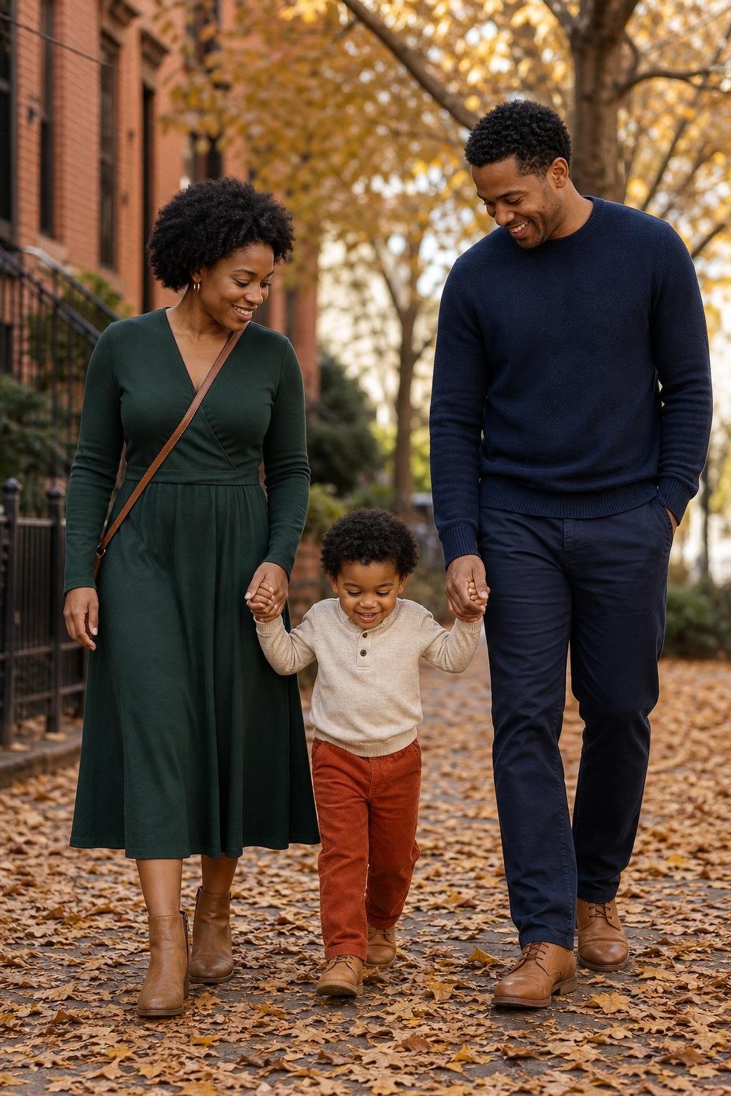 Forest green midi dress, navy sweater, rust trousers, tan boots, autumn park with fallen leaves (option 1)