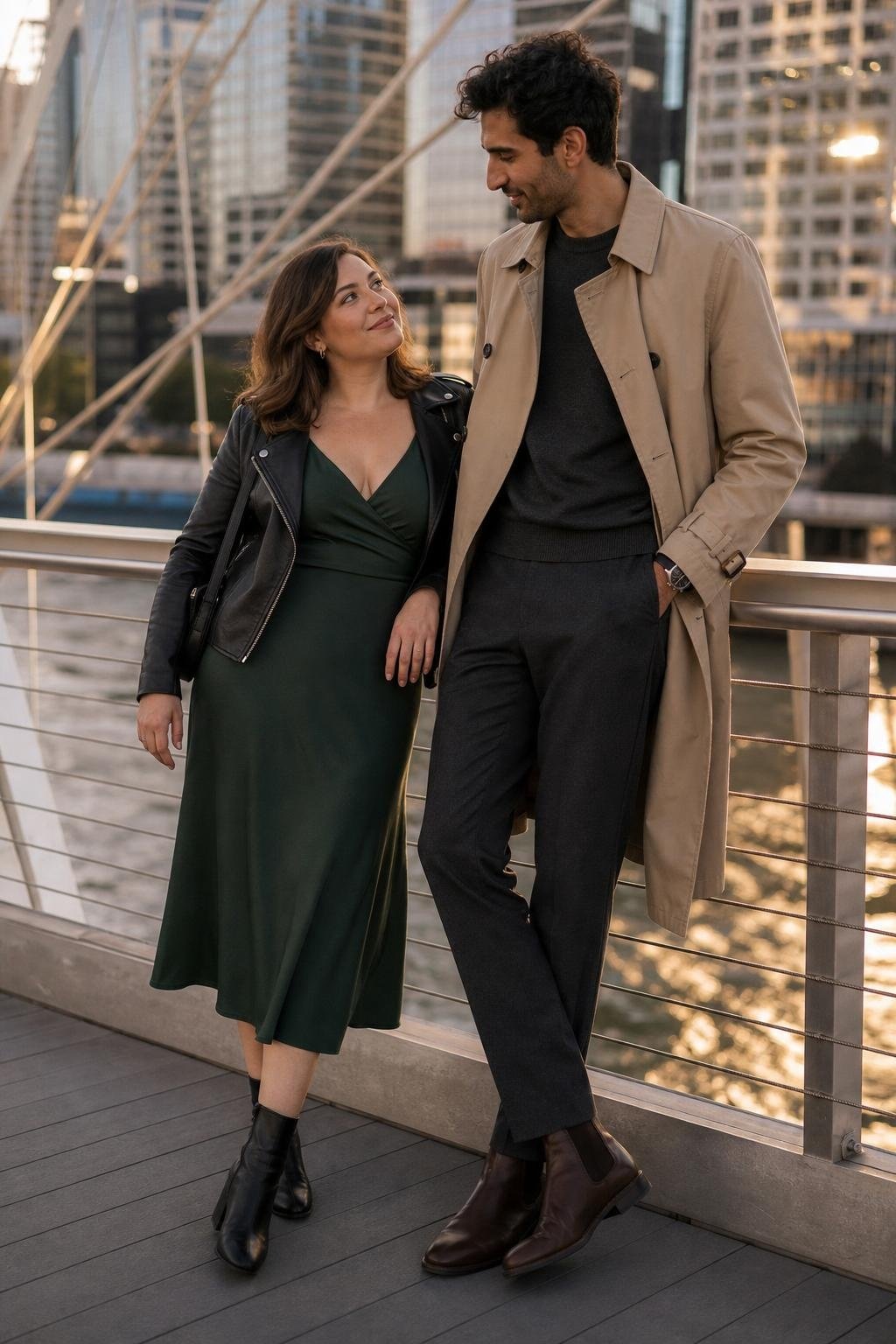Forest green midi dress with black leather jacket and ankle boots on an urban bridge (option 2)