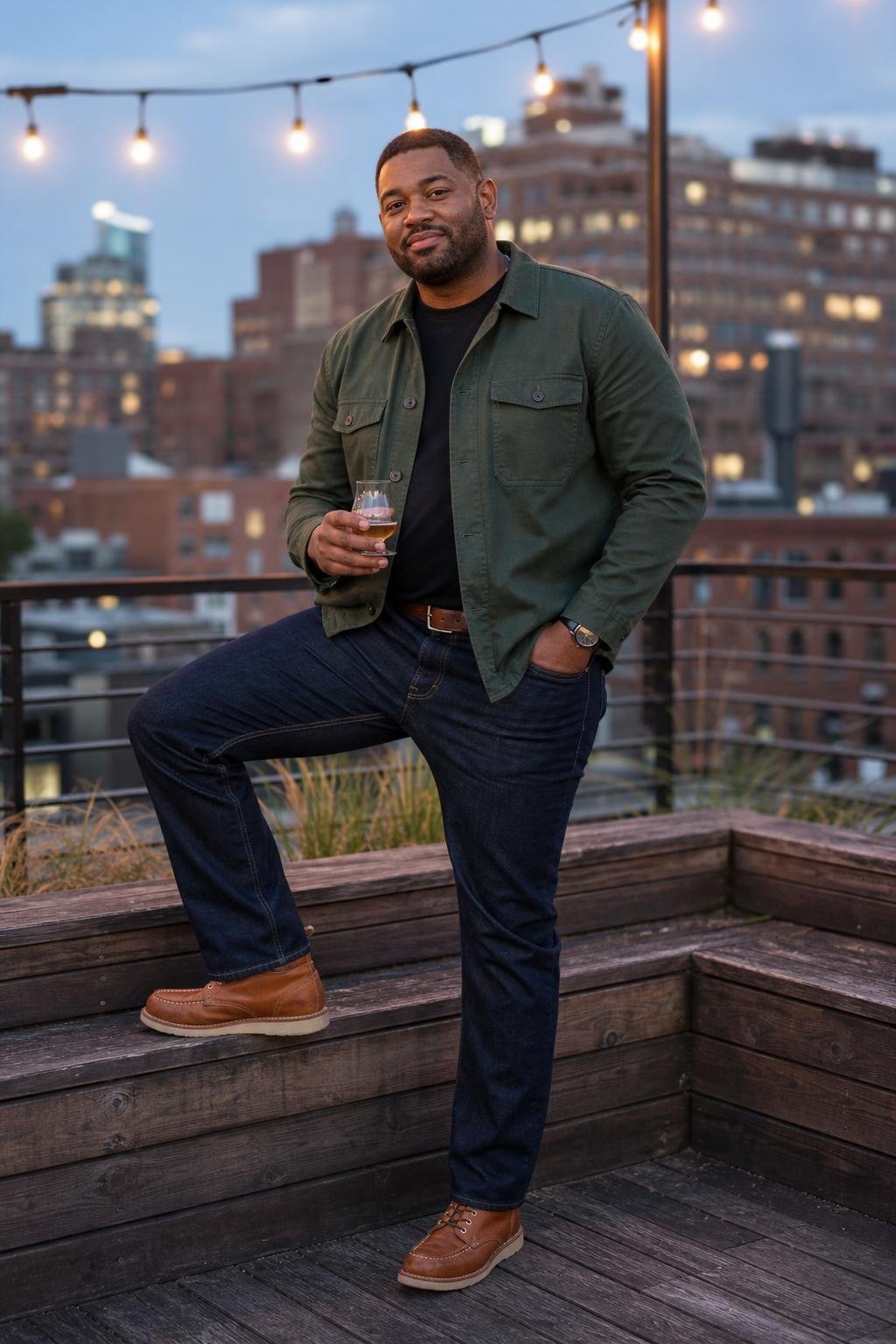 Forest green overshirt, black crewneck tee, dark indigo jeans, tan boots, casual brewery patio at dusk (option 1)