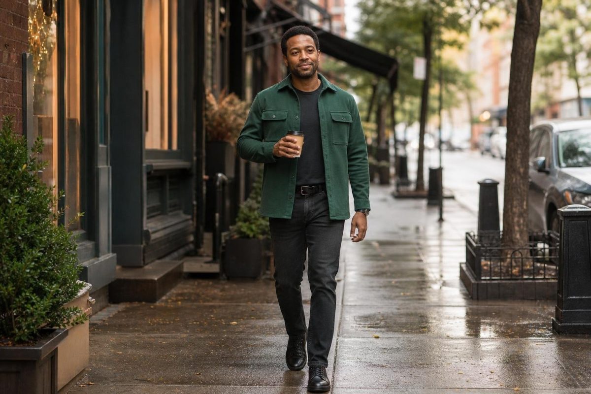 Forest green overshirt, charcoal jeans, black leather sneakers, weekend coffee walk with relaxed city mood (option 1)