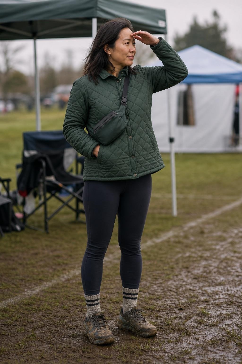 Forest green quilted jacket, navy leggings, striped socks, trail sneakers, muddy youth soccer sideline (option 2)