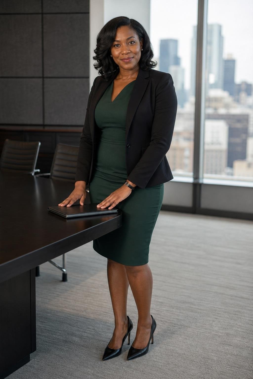 Forest green sheath dress, black tailored blazer, black pumps, minimalist boardroom scene (option 2)