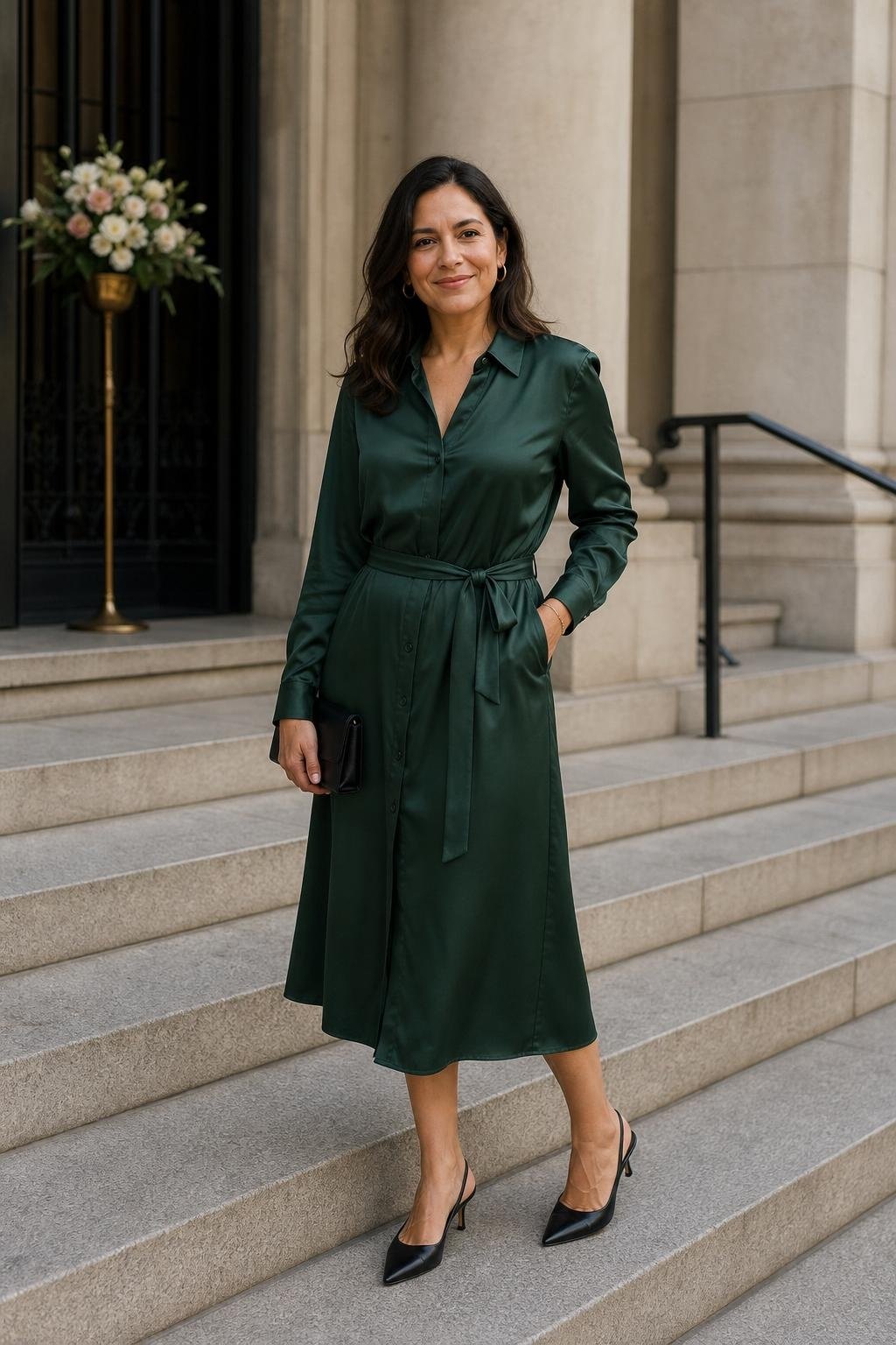 Forest green silk shirt dress with black slingbacks outside a courthouse entrance (option 2)