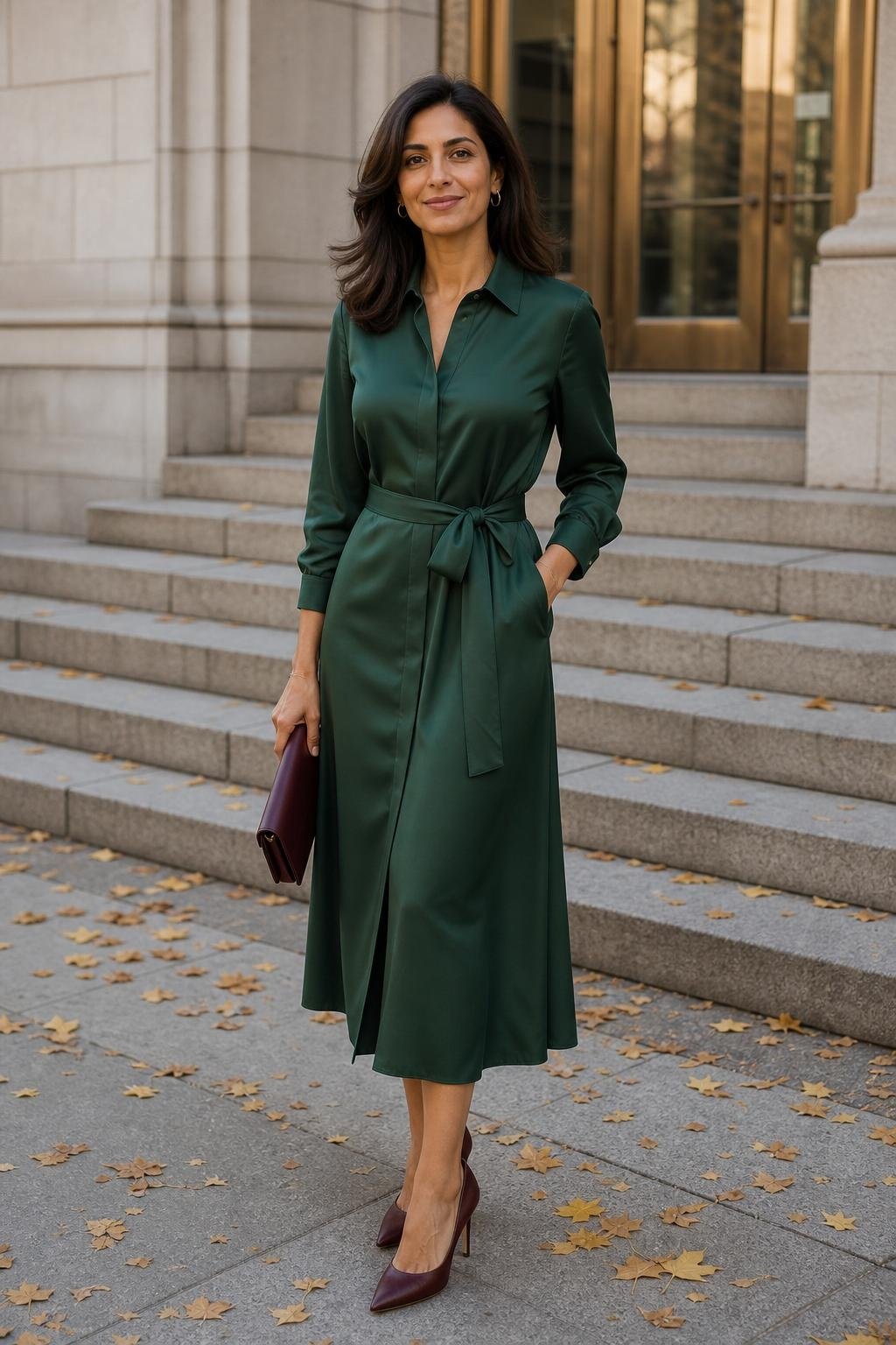 Forest green silk twill shirt dress, burgundy heels, polished autumn courthouse wedding (option 1)