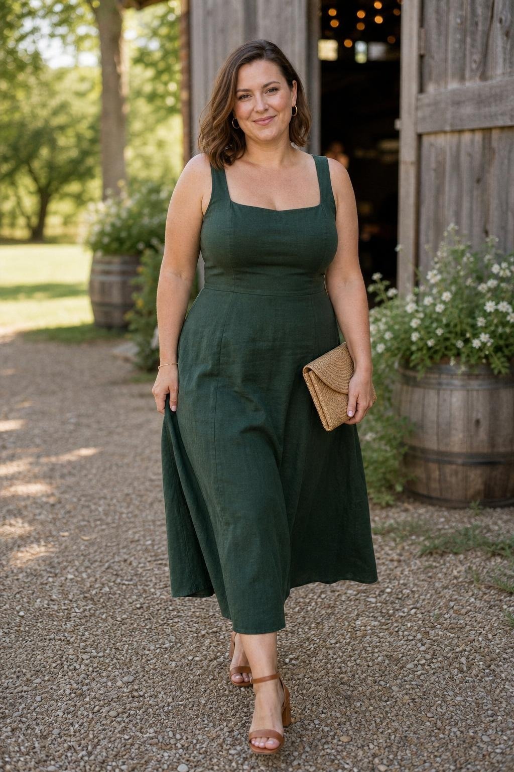 Forest green square-neck linen blend midi dress with leather block sandals at a rustic barn venue (option 2)