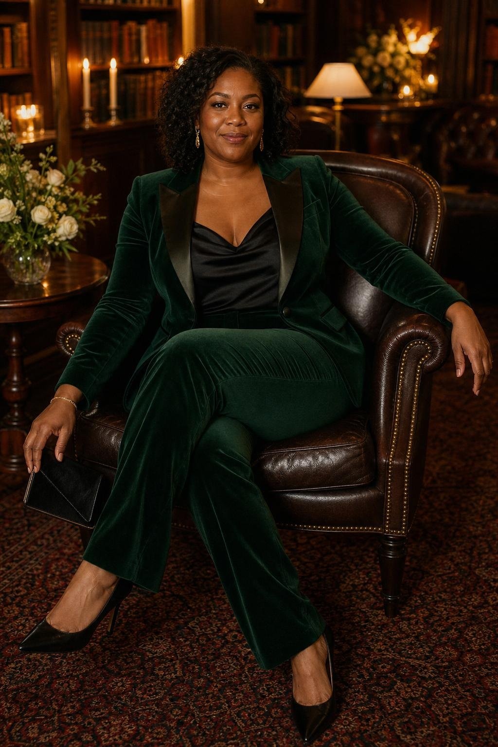 Forest green velvet suit, black satin camisole, pointed heels, formal library wedding (option 2)