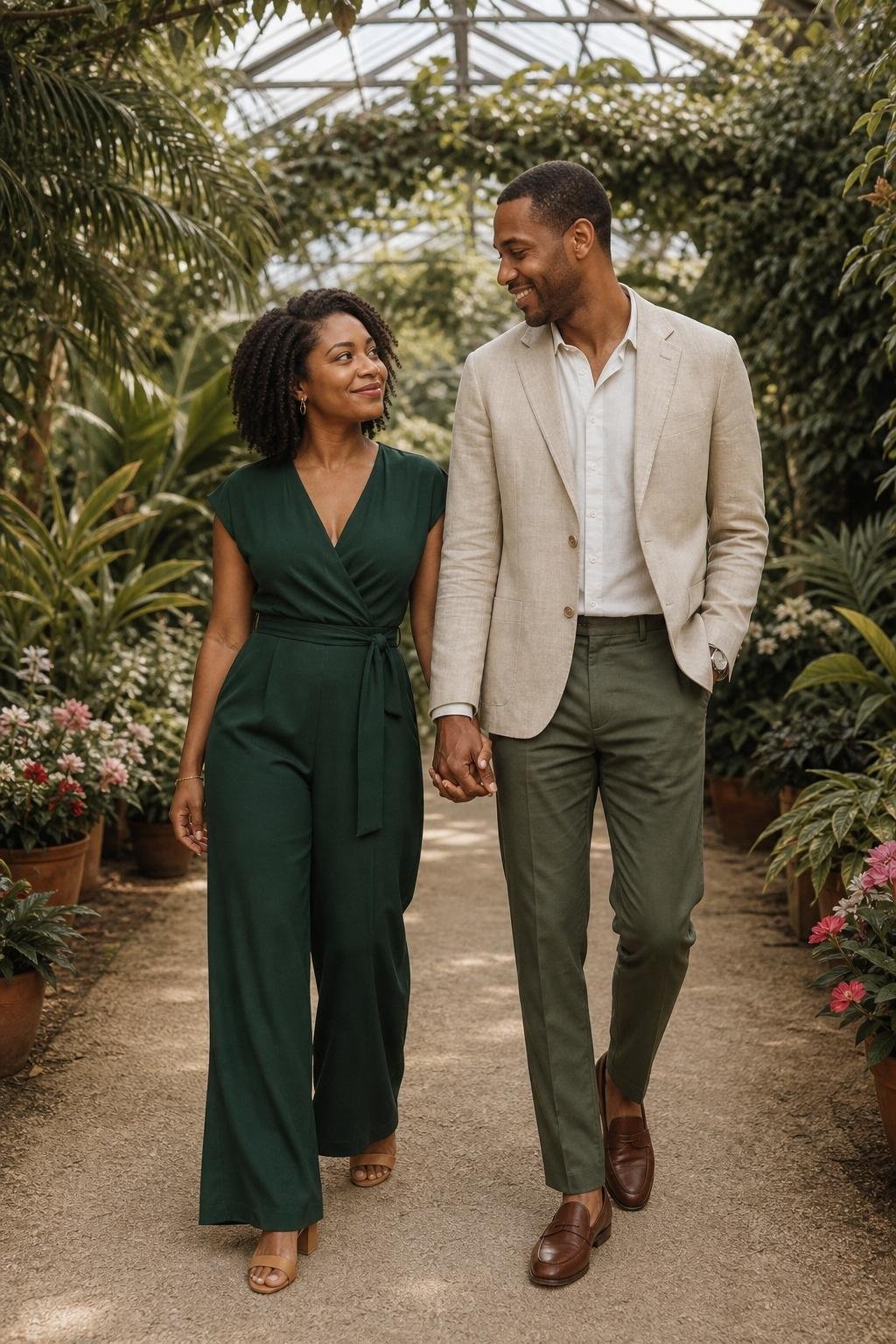 Forest green wide-leg jumpsuit, tan block heels, botanical garden walkway scene (option 2)