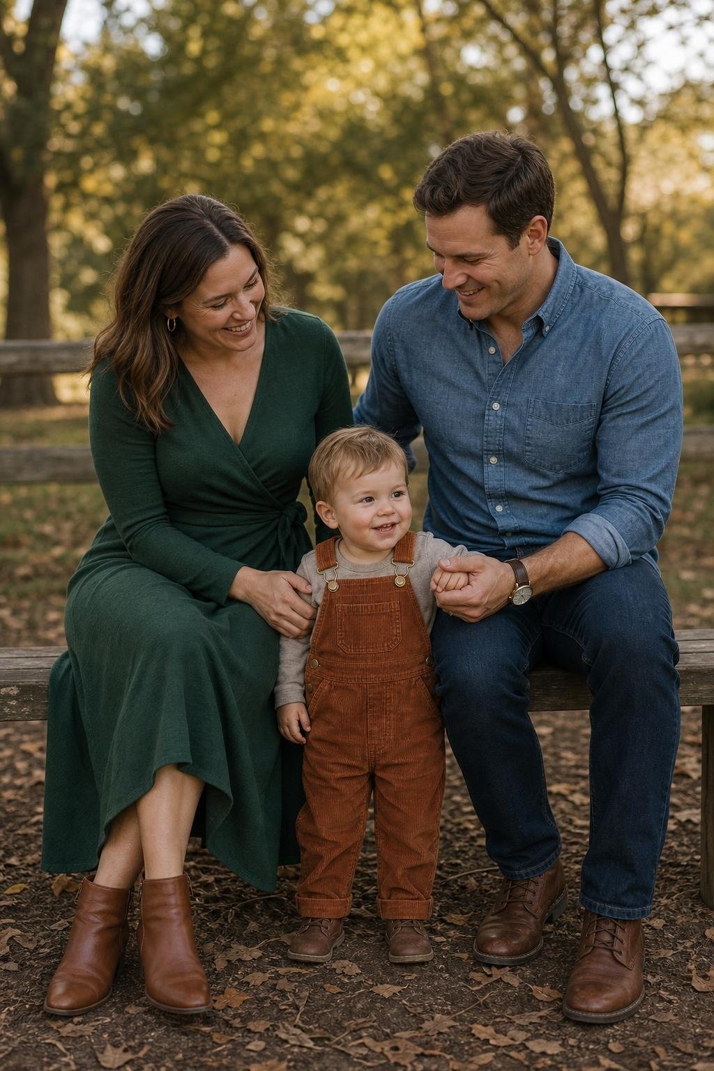 Forest green wrap dress, rust corduroy overalls, chambray shirt, brown boots in a relaxed wooded park scene (option 1)