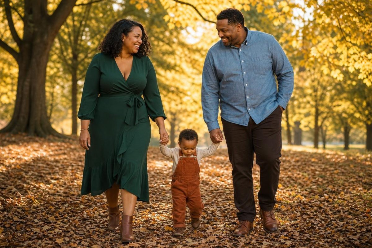 Forest green wrap dress, rust corduroy overalls, chambray shirt, brown leather boots in a leafy park at golden hour (option 1)