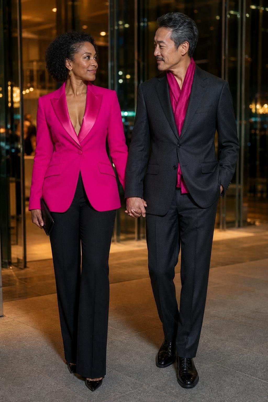 fuchsia blazer with tailored black trousers and fuchsia silk scarf at a city cocktail event (option 2)