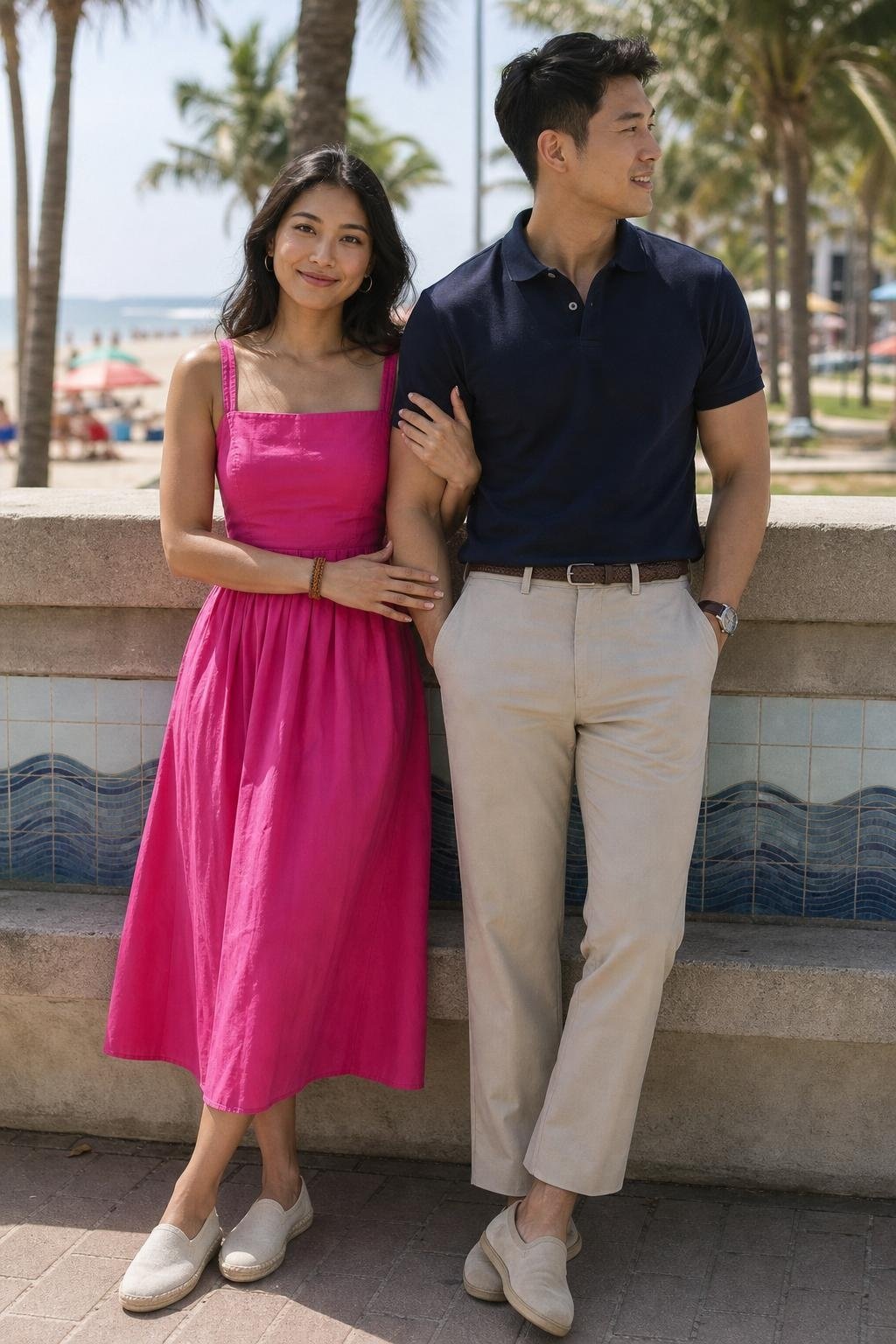 Fuchsia cotton dress, navy polo, pale khaki trousers, canvas slip-ons, bright beach promenade photos (option 1)