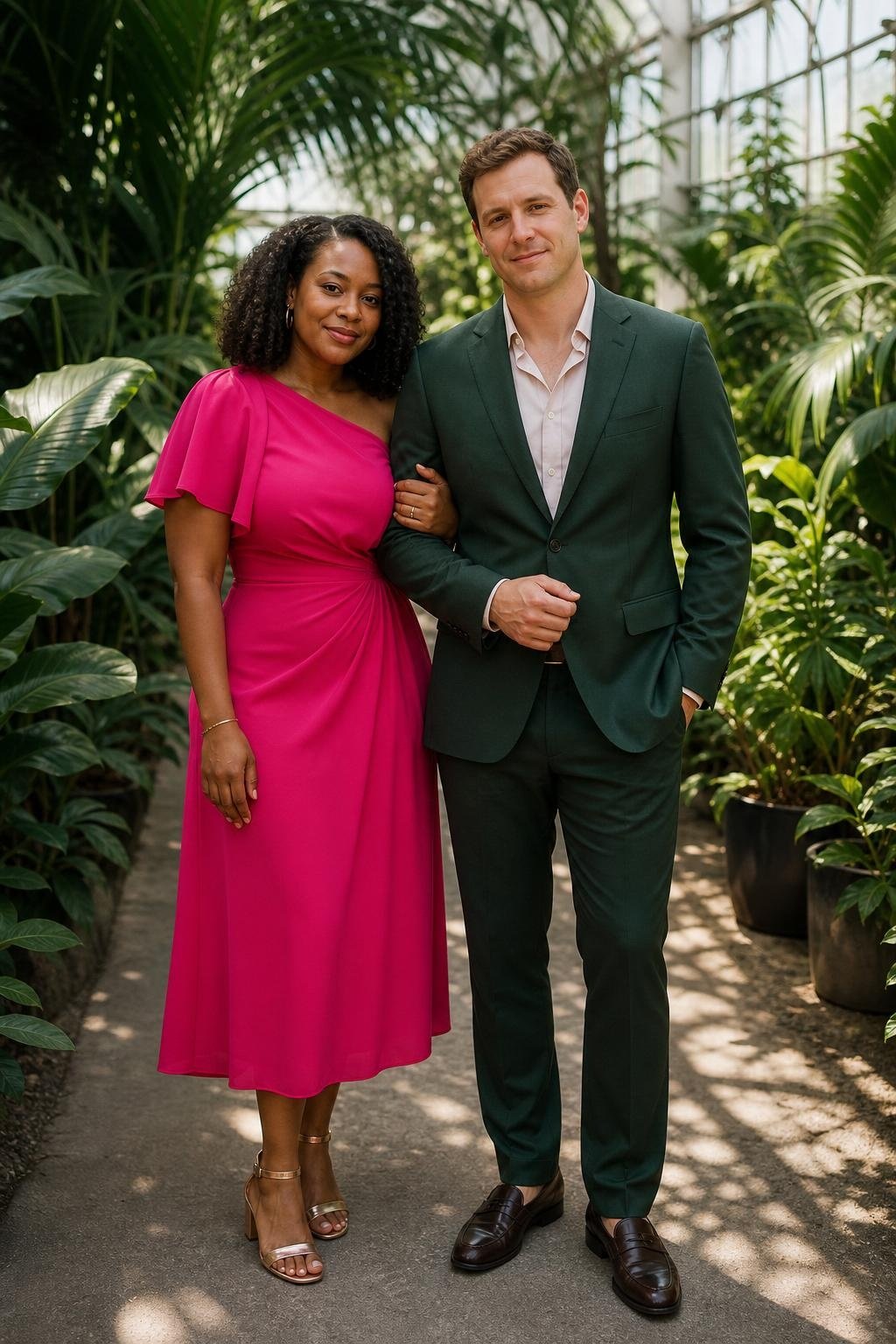 Fuchsia midi dress with dark green suit in a lush greenhouse aisle (option 1)