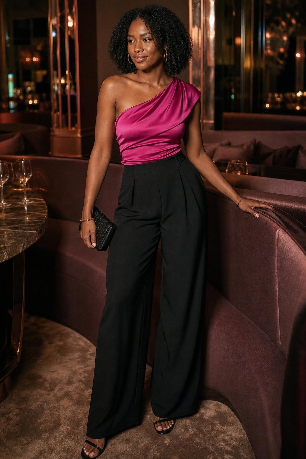 Fuchsia one-shoulder top with black wide-leg pants and strappy sandals in a cocktail lounge (option 2)
