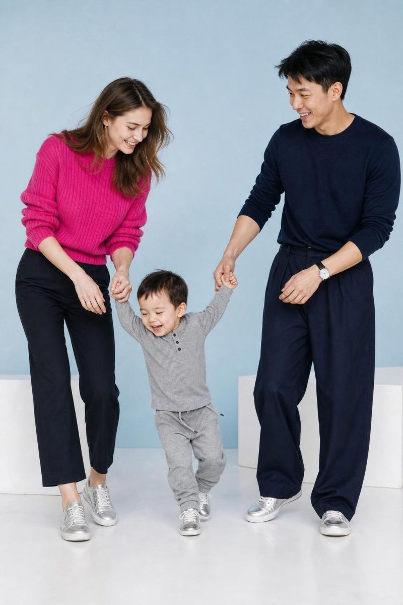 Fuchsia ribbed sweater, navy wide-leg pants, gray henley, silver sneakers in a bright studio backdrop (option 1)