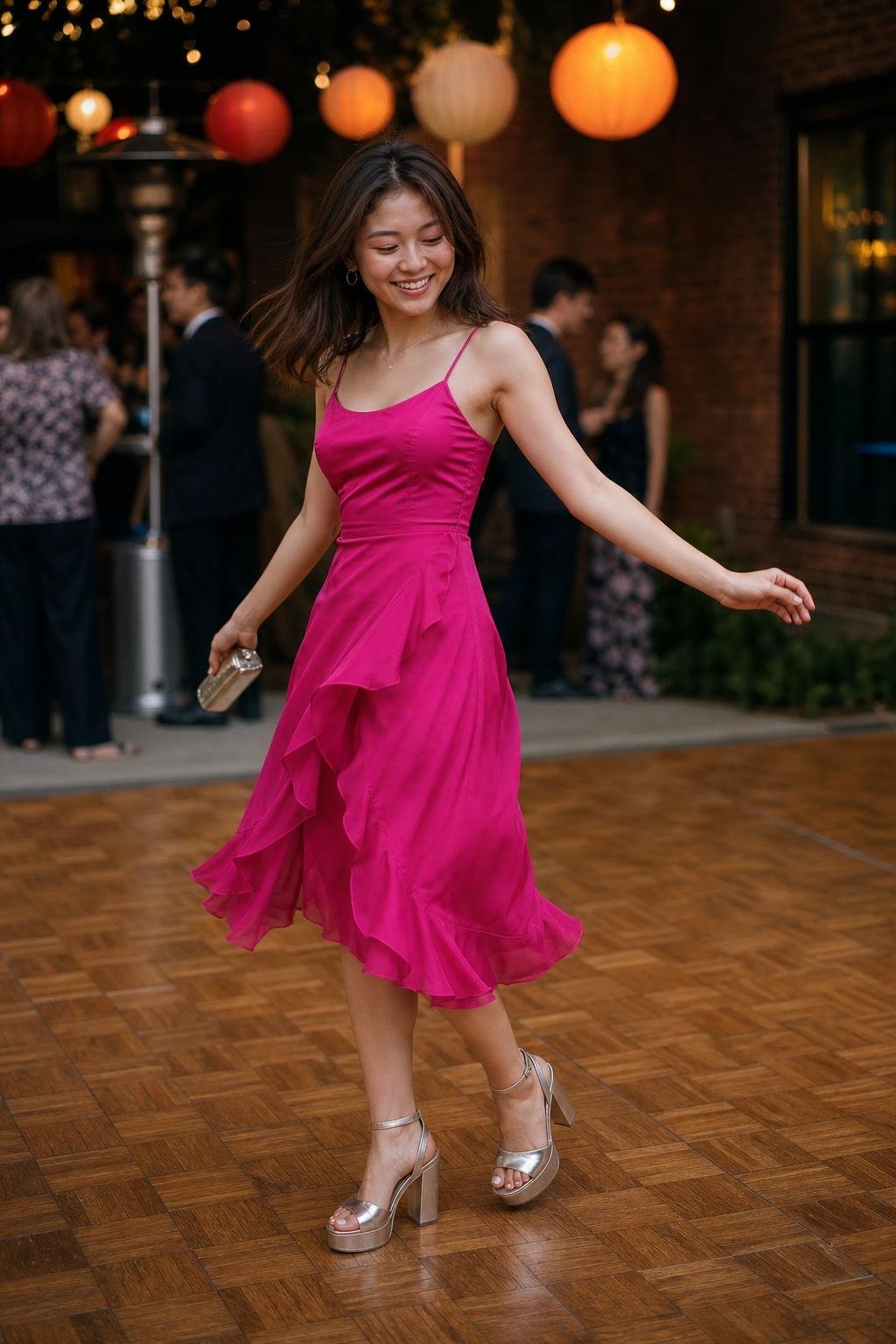Fuchsia ruffle hem dress with metallic platform sandals on a festive outdoor dance floor (option 1)
