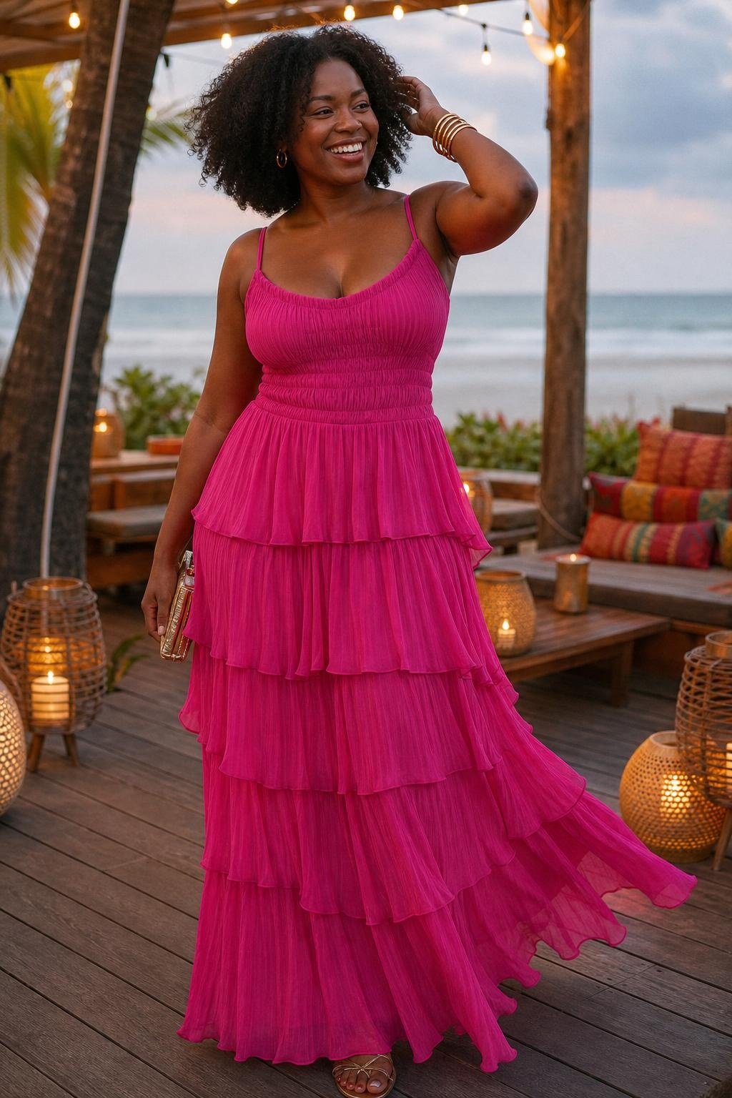 Fuchsia tiered maxi dress with gold bangles and strappy flats at a festive beachfront reception (option 2)