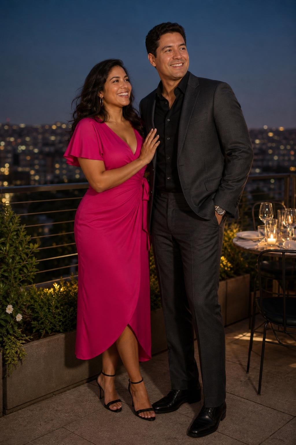 Fuchsia wrap dress with dark gray suit jacket, charcoal trousers, black heels, celebratory rooftop dinner (option 2)