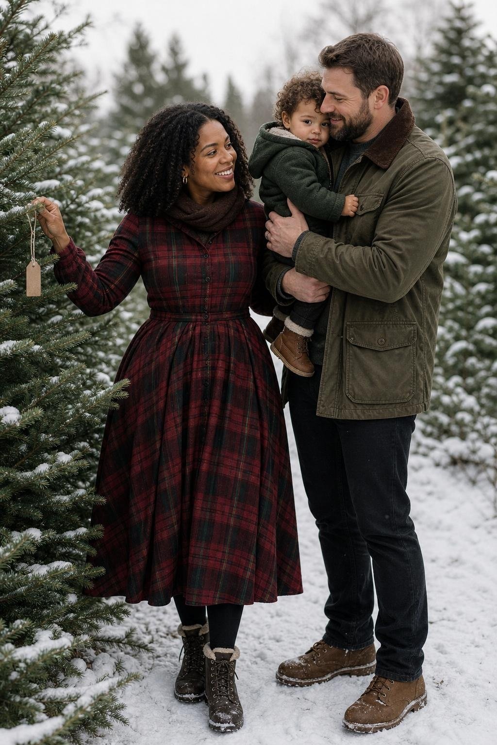 Garnet plaid dress, olive coat, black jeans, shearling boots, Christmas tree farm portrait (option 2)