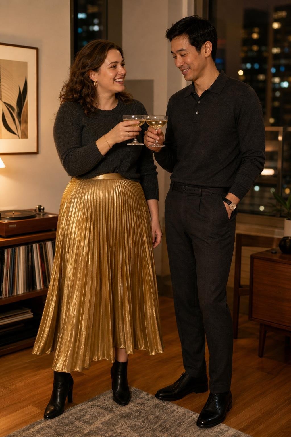 Gold pleated skirt with charcoal cashmere knit, black trousers, dress boots, apartment party mood (option 1)