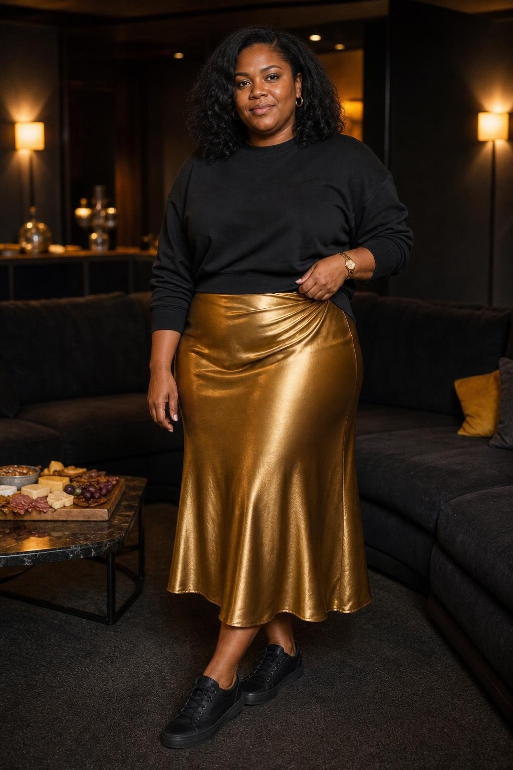 Gold satin midi skirt, black sweatshirt, black sneakers, evening watch party with low lighting (option 2)