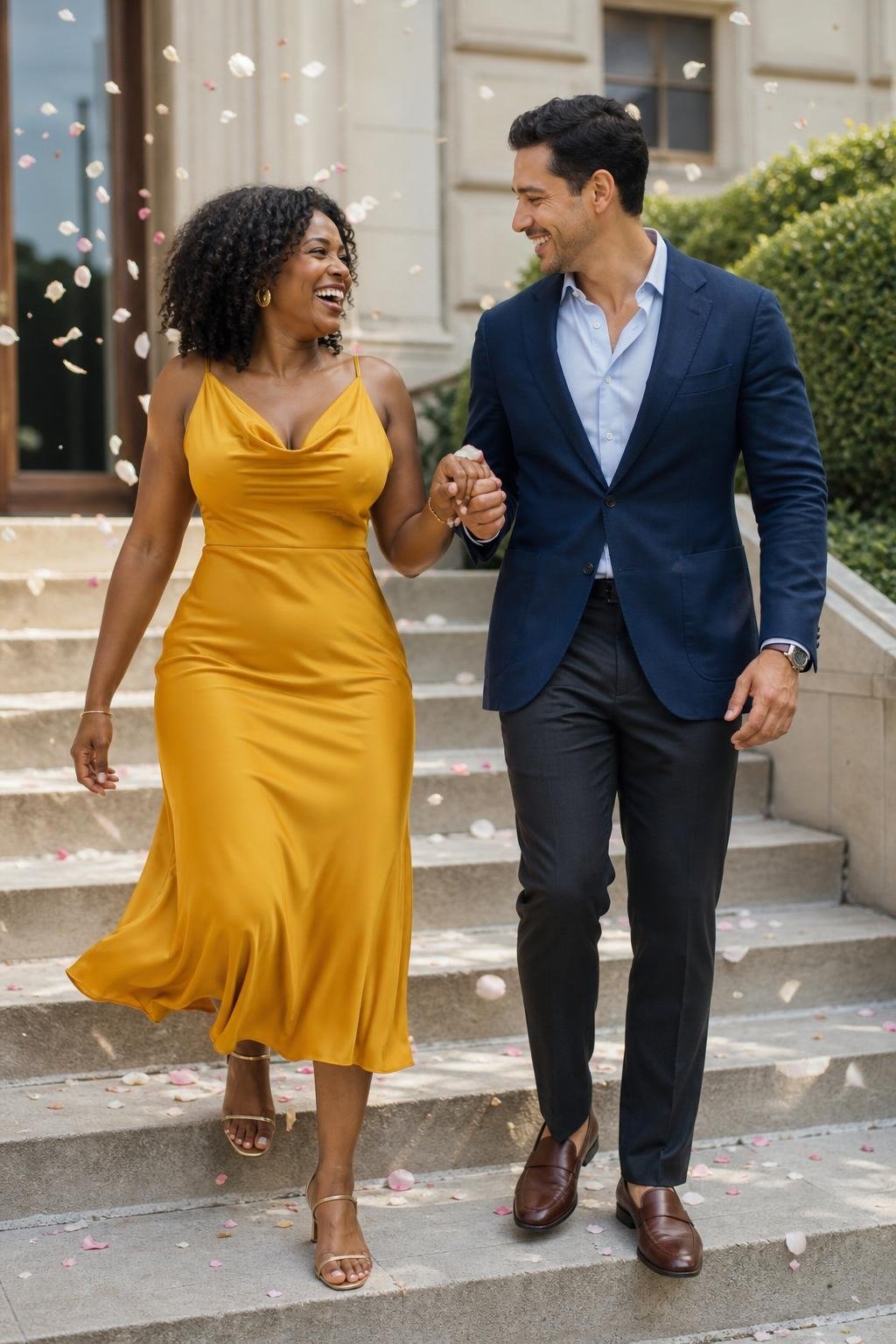 Goldenrod midi dress with ink blue sport coat on bright courthouse steps (option 1)