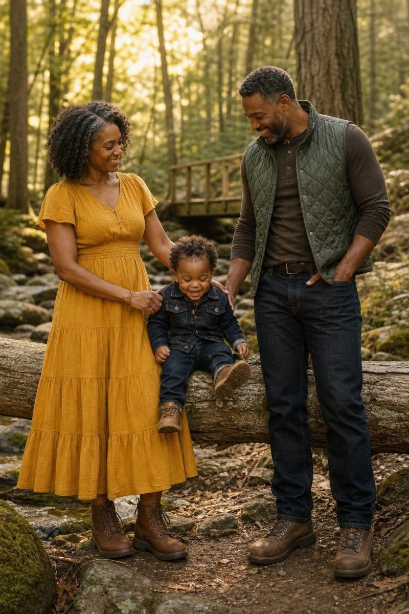 Goldenrod tiered dress, forest quilted vest, dark denim jacket, brown hiking boots on a wooded trail (option 2)