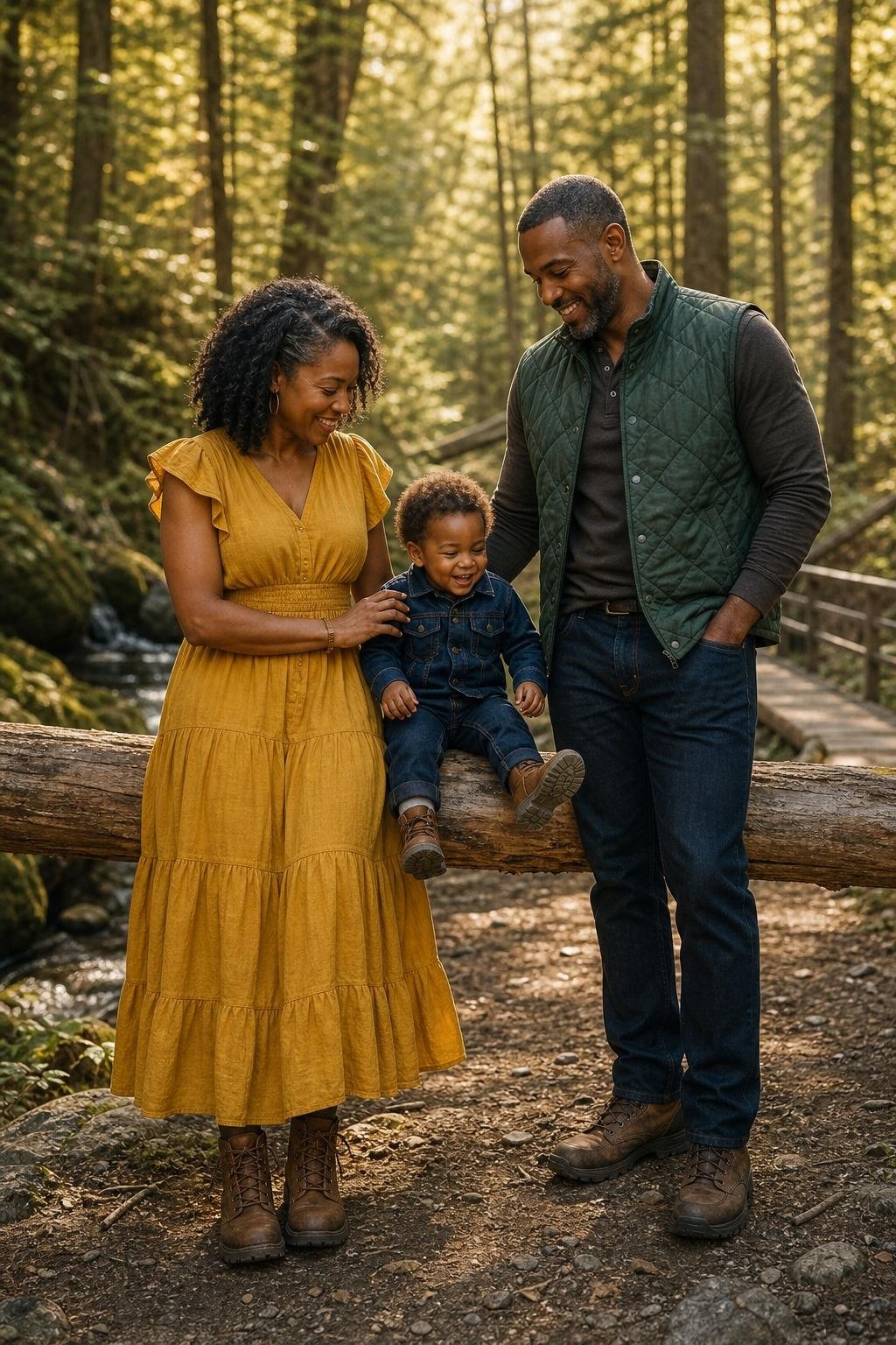 Goldenrod tiered dress, forest quilted vest, dark denim jacket, brown hiking boots on a wooded trail (option 1)